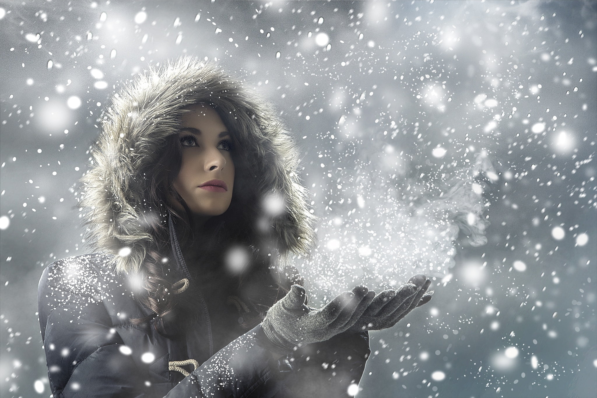 beauty, adult, lifestyles, gray, caucasian Ethnicity, outdoors, happiness, hat, fashion Model, snowflake, elegance, snowflakes, jacket, portrait, human Face, HD Wallpaper