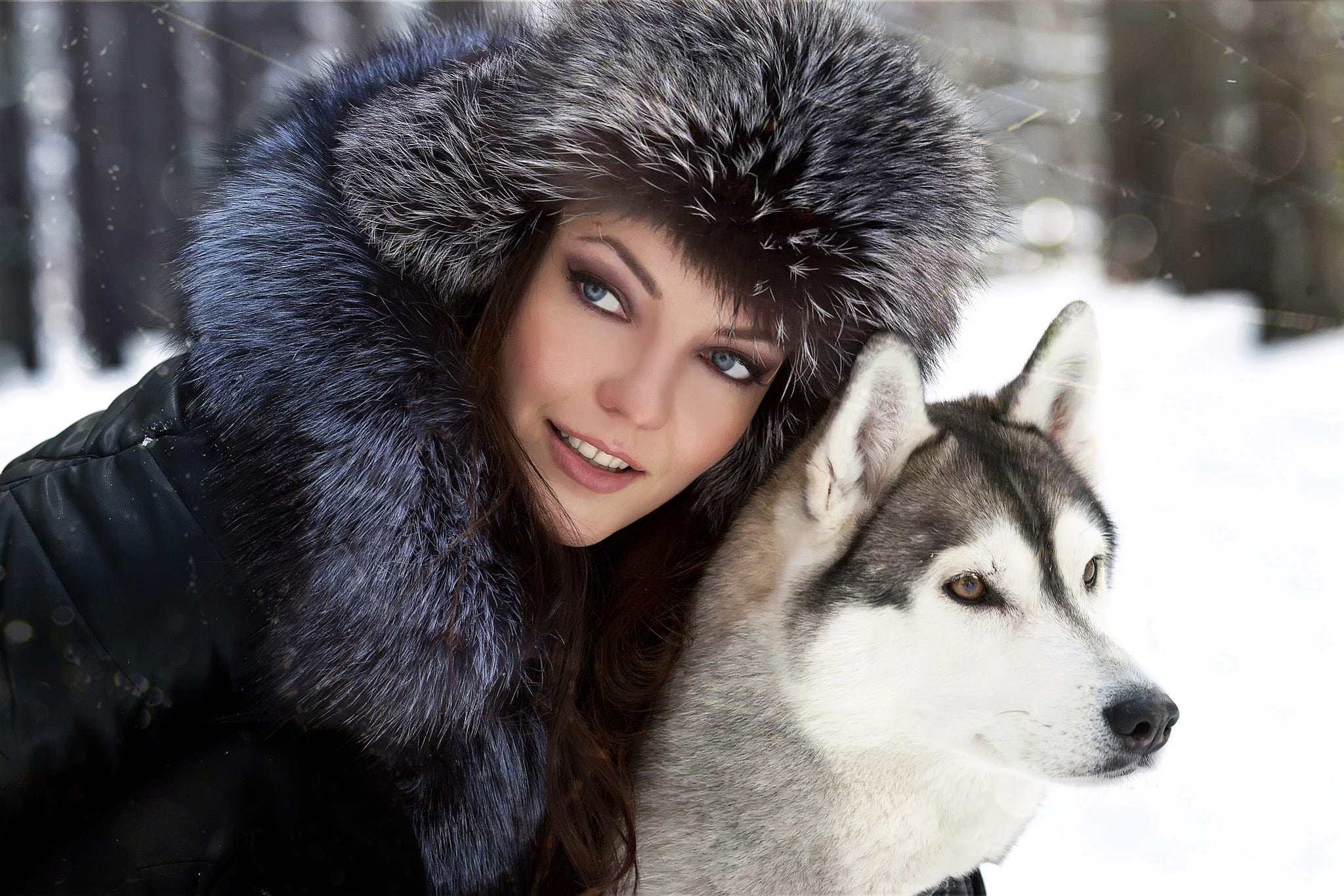 fun, one animal, beauty In Nature, happiness, beauty, young Adult, looking, pets, winter, canine, each, girl, warm clothing, joy, friendship, clothing, HD Wallpaper