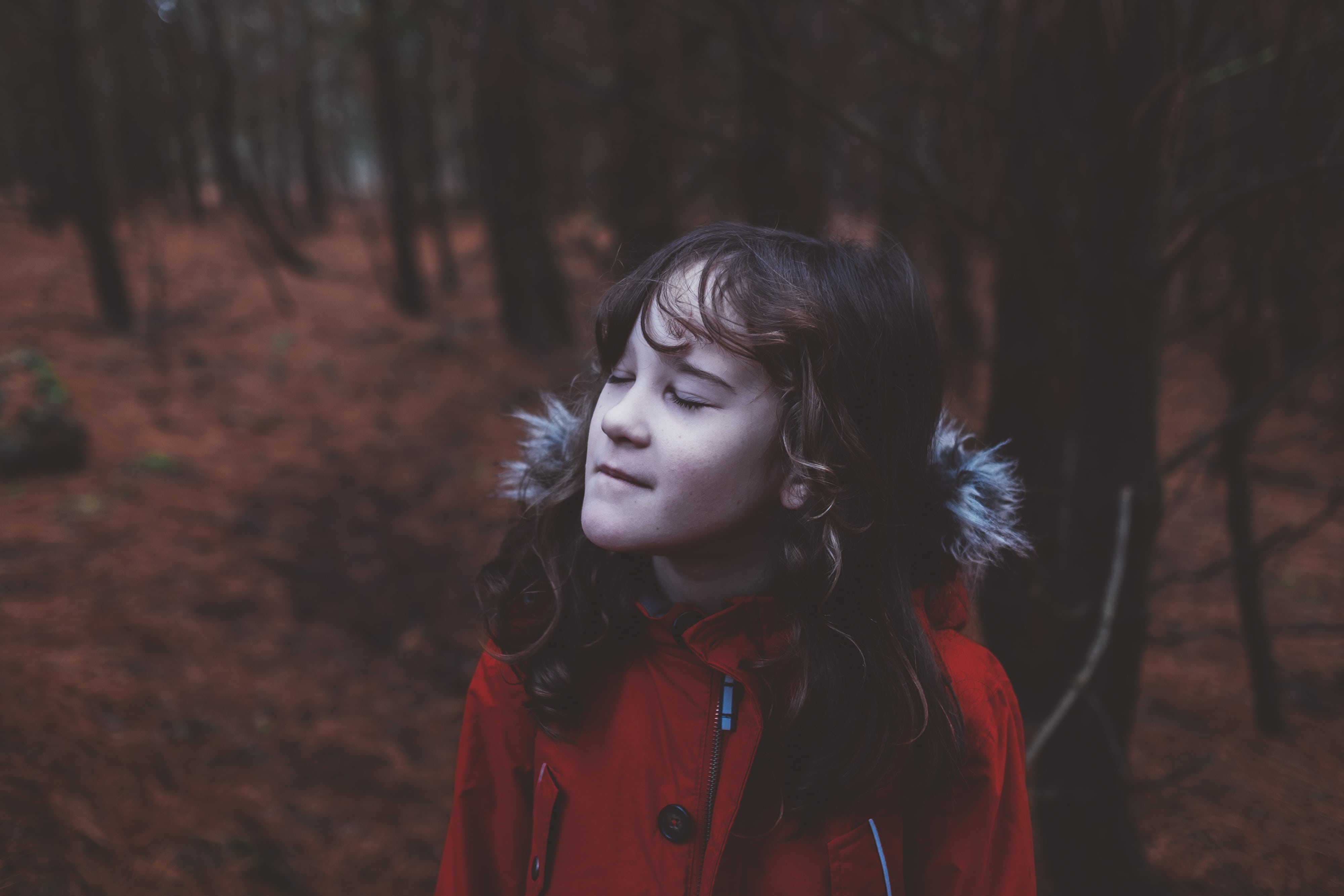 forest, 4K, woodland, child, real people, trimmed, coat, lifestyles, outdoors, portrait, woman, nature, black, fur, warm clothing, standing, one person, HD Wallpaper