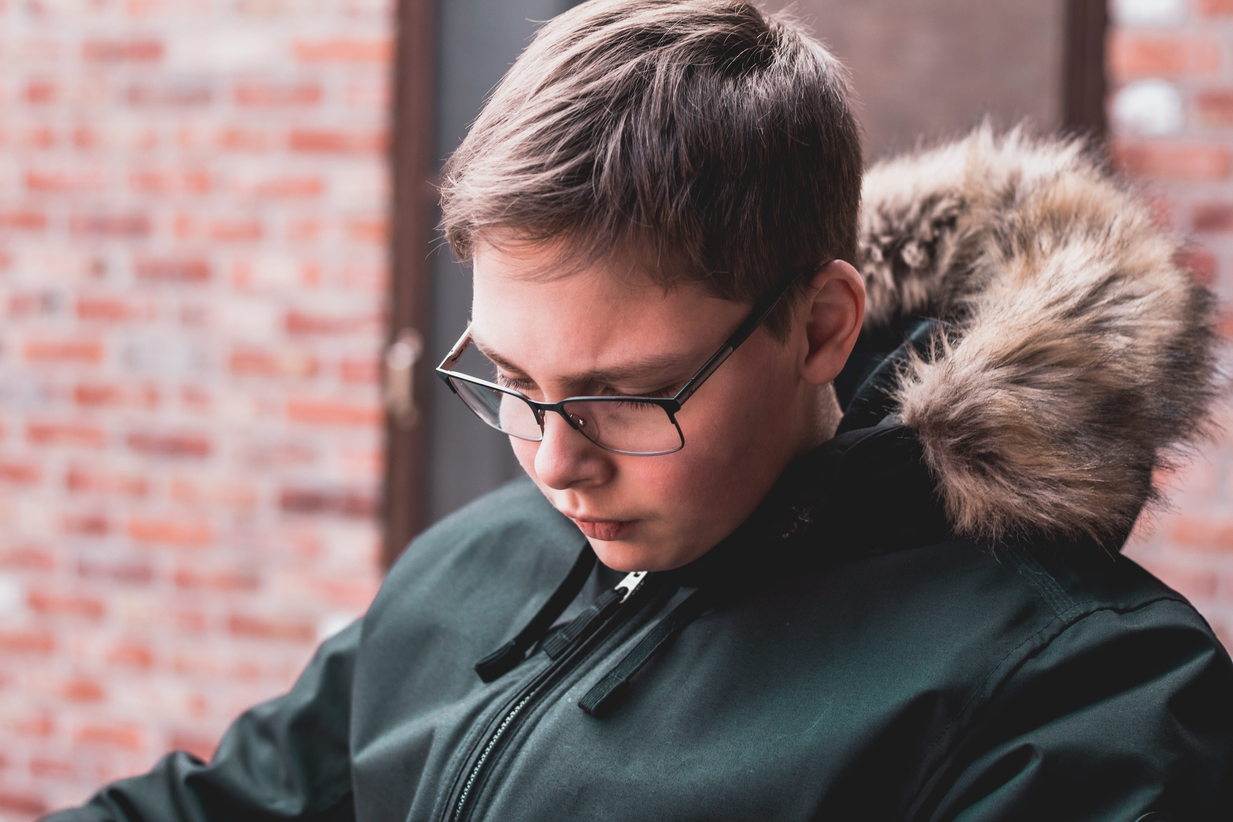 domestic animals, domestic, 5K, canine, eyeglasses, portrait, parka, mammal, wall, wearing, brick, pets, brick wall, men, child, headshot, teenager, man, HD Wallpaper