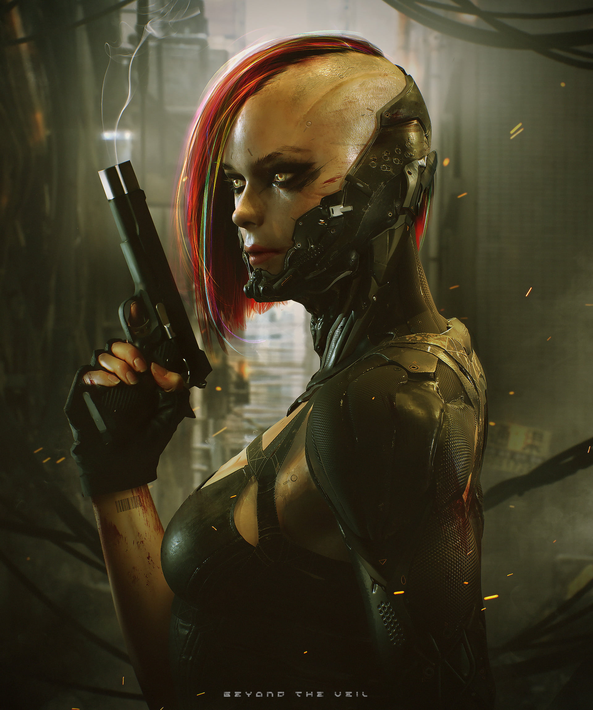 gun, digital art, Soufiane Idrassi, science fiction, 1080P, cyborg, Phone HD Wallpaper