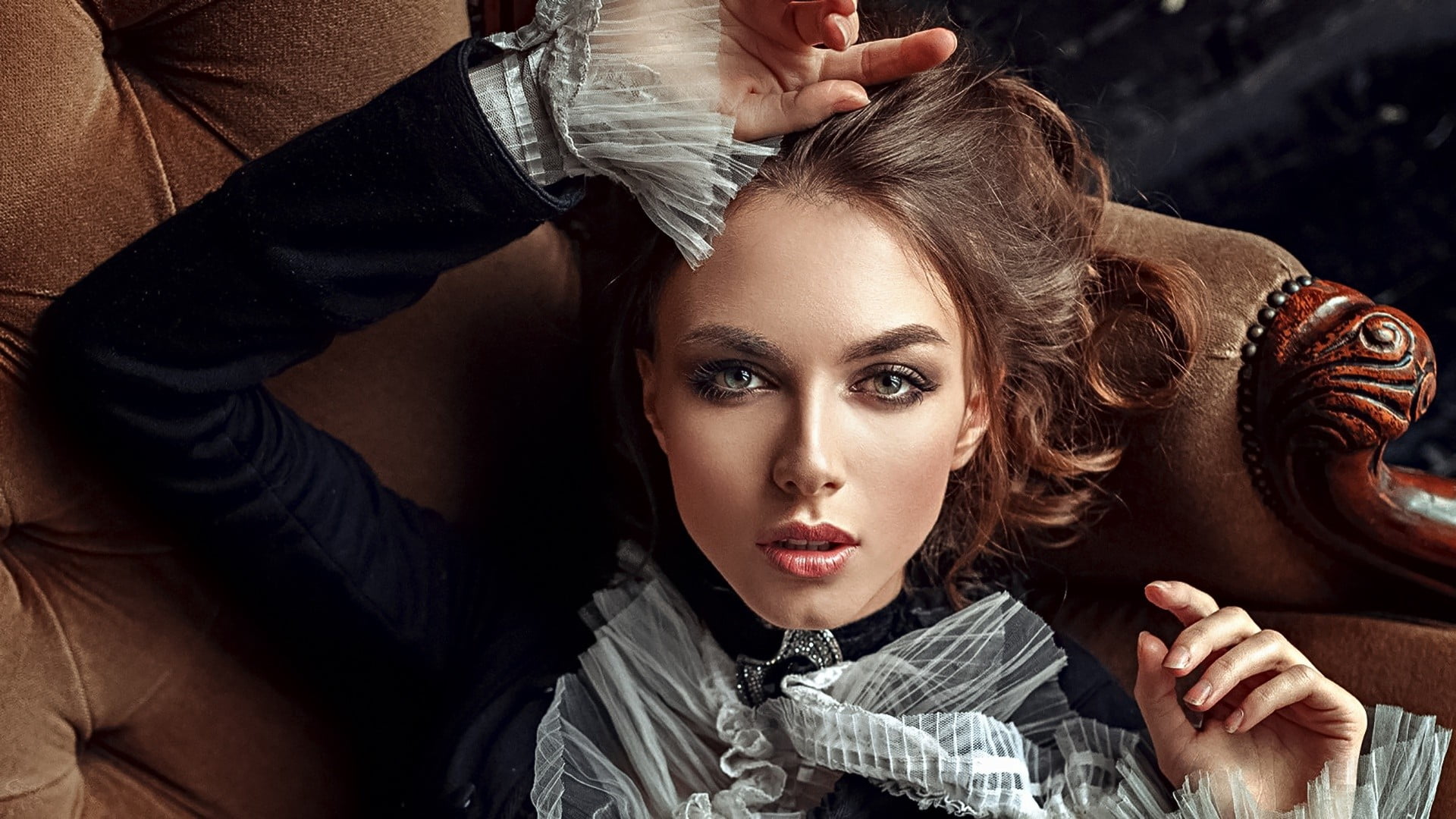 brunette, people, luxury, human hair, beautiful woman, hairstyle, indoors, hair, looking at camera, make-up, beautiful people, glamour, fashion, women, HD Wallpaper