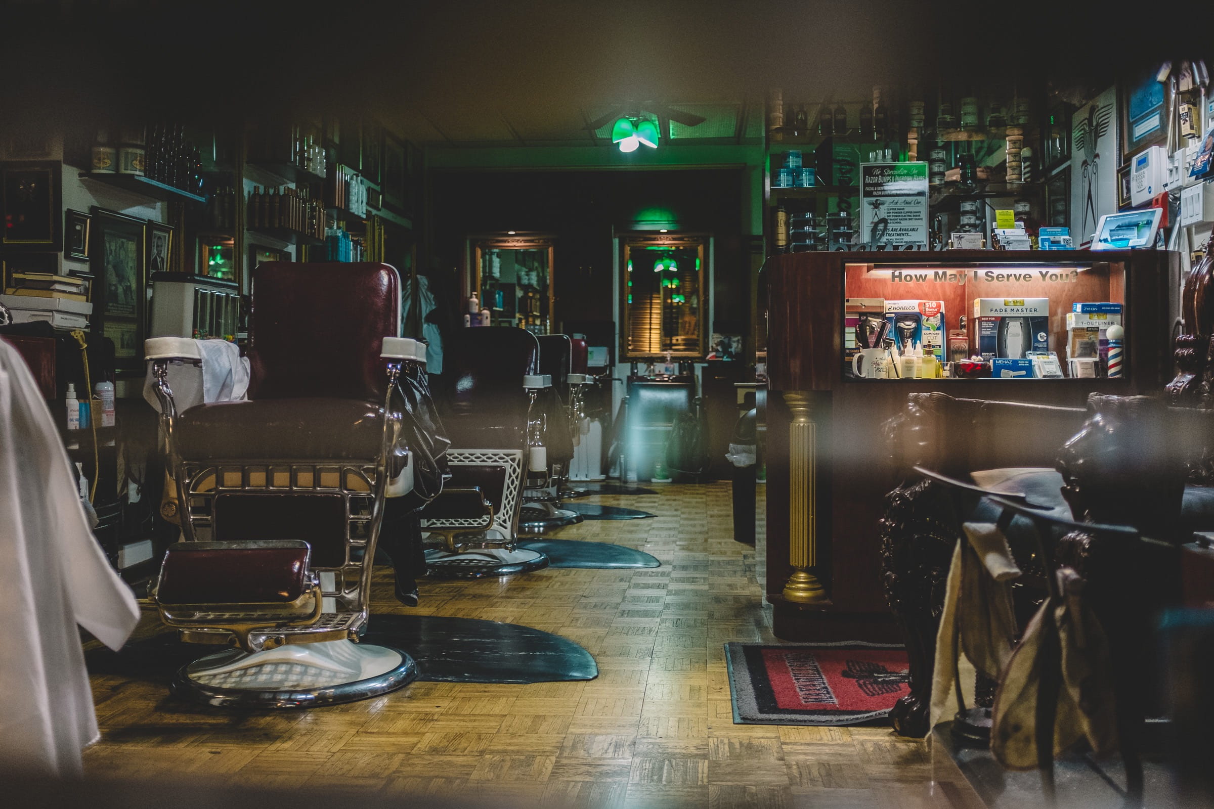 chair, no people, architecture, bar counter, night, restaurant, empty, illuminated, seat, nightlife, barber shop, closed, table, business, absence, barber, HD Wallpaper