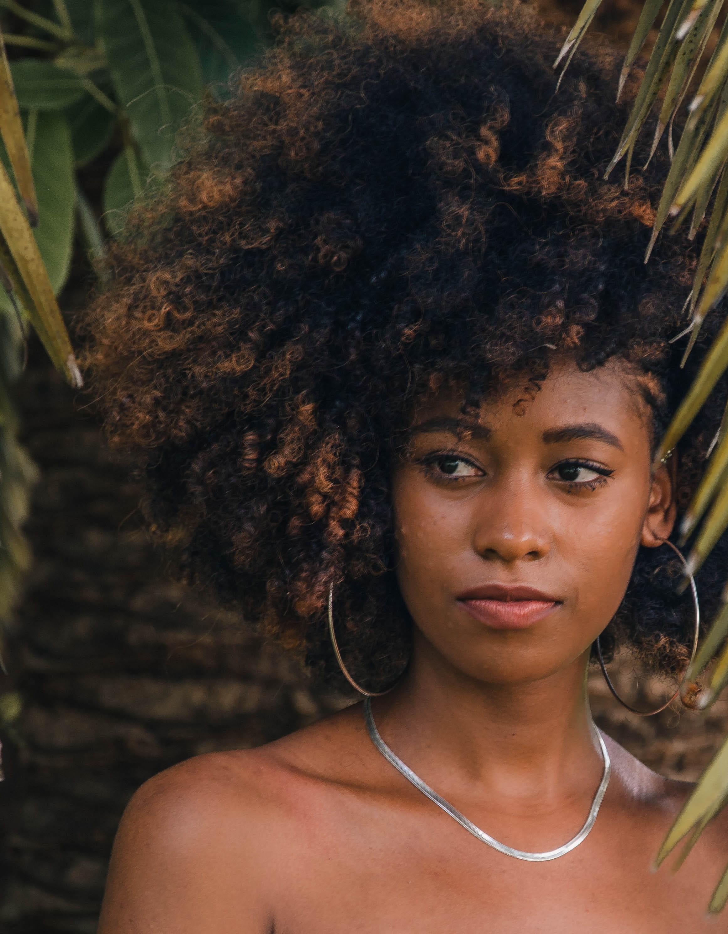 afro, headshot, focus on foreground, contemplation, curly, jewelry, facial expression, looking, necklace, woman, girl, beauty, wearing, beautiful woman, Phone HD Wallpaper
