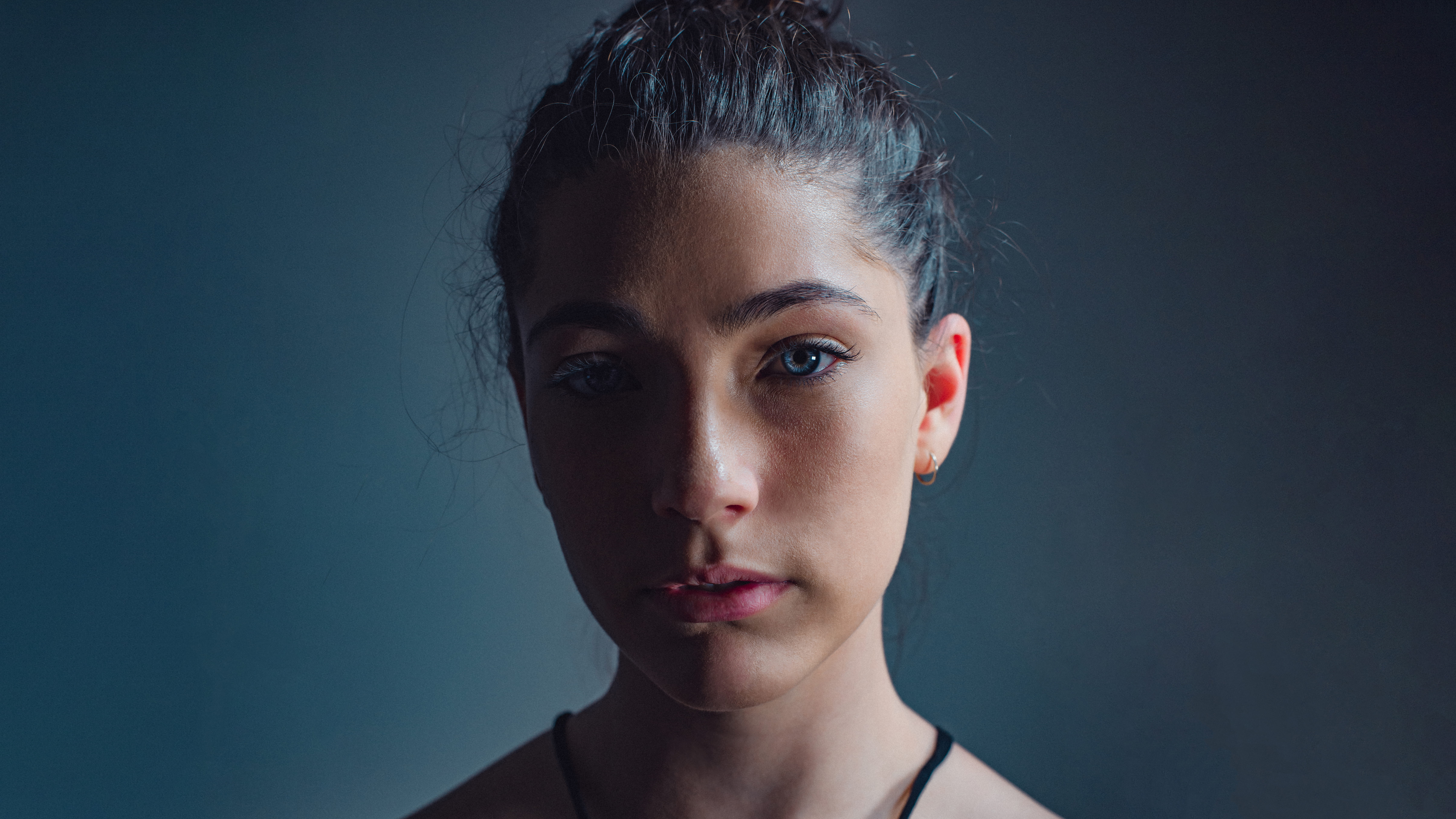 studio shot, skin, blue background, facial expression, female, nose, contemplation, lady, eyes, pretty, beauty, looking at camera, studio, person, portrait, HD Wallpaper