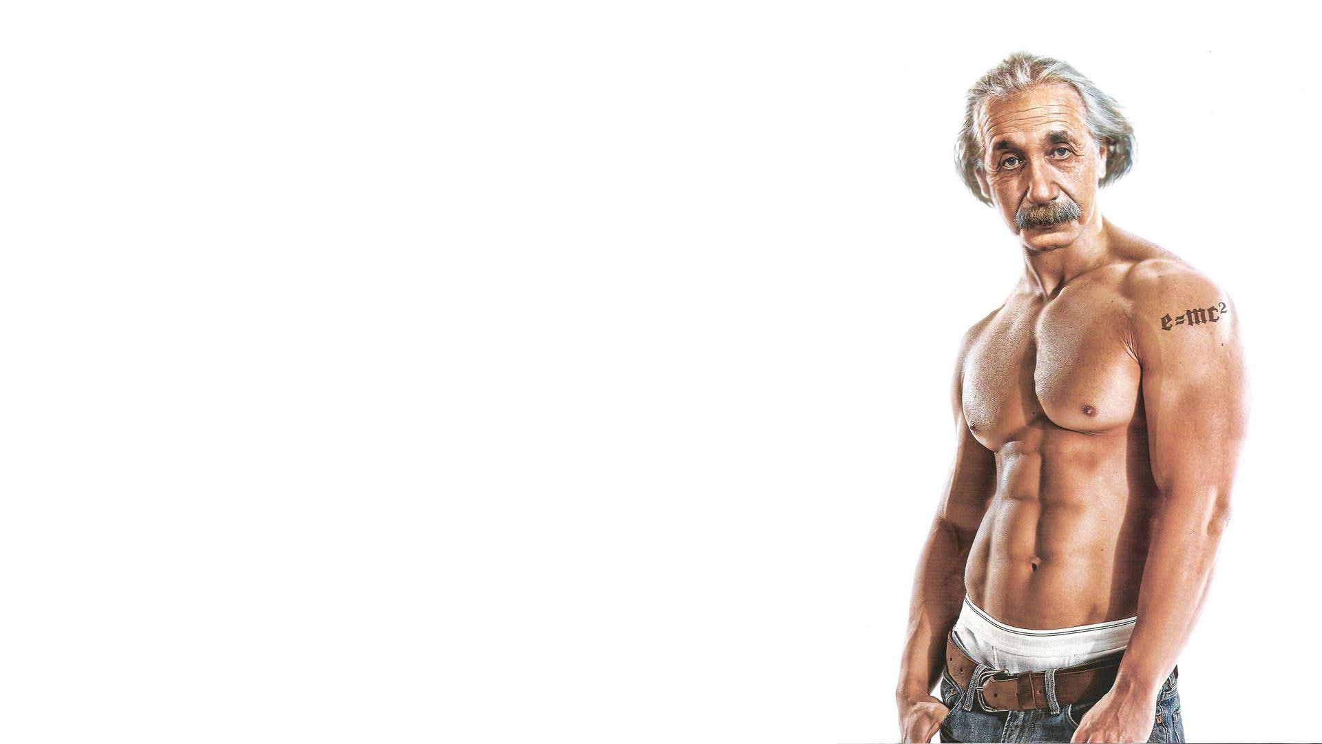 albert, topless, man, funny, albert einstein, 1920x1080, 1080P, einstein, muscle, illustration, HD Wallpaper