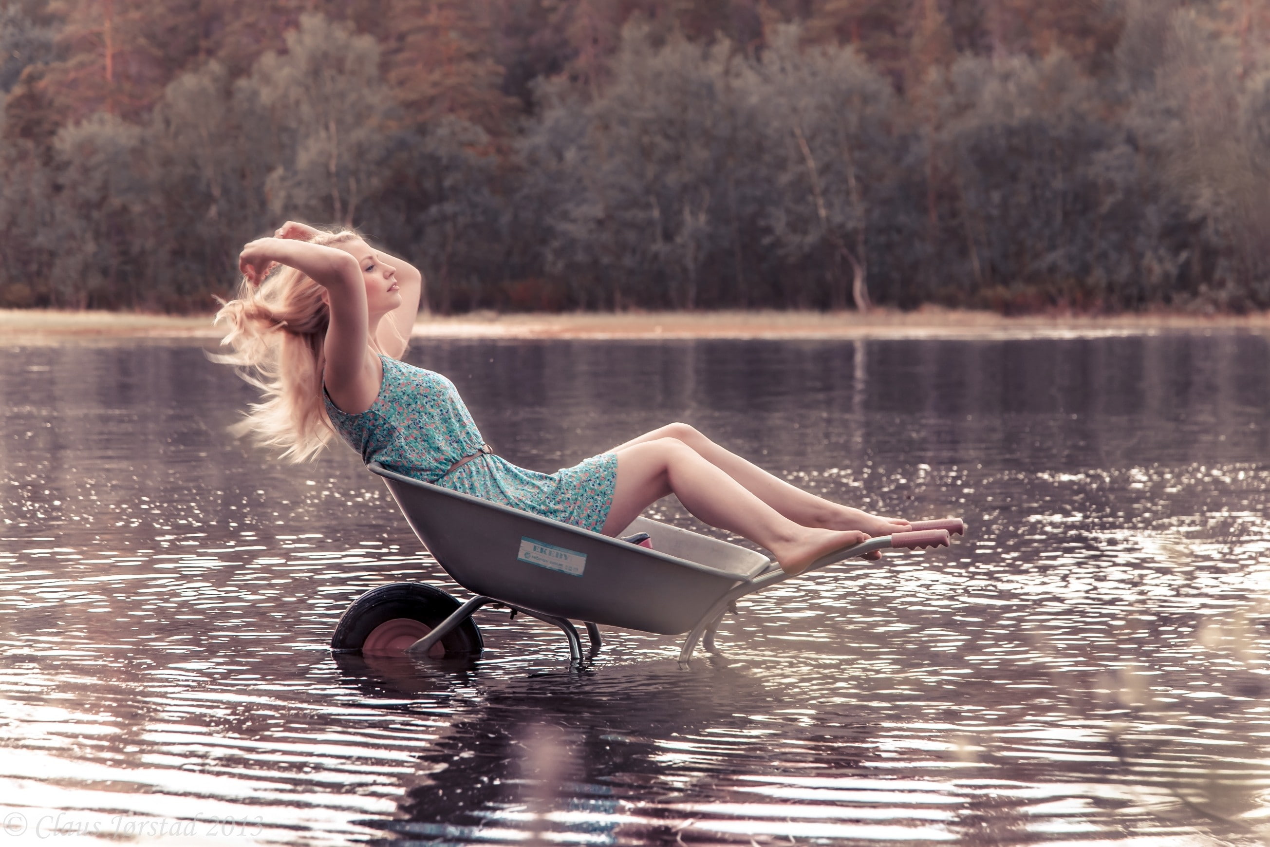 women, side view, barefoot, women outdoors, profile, 2K, Flower Dress, blonde, in water, model, hands in hair, HD Wallpaper
