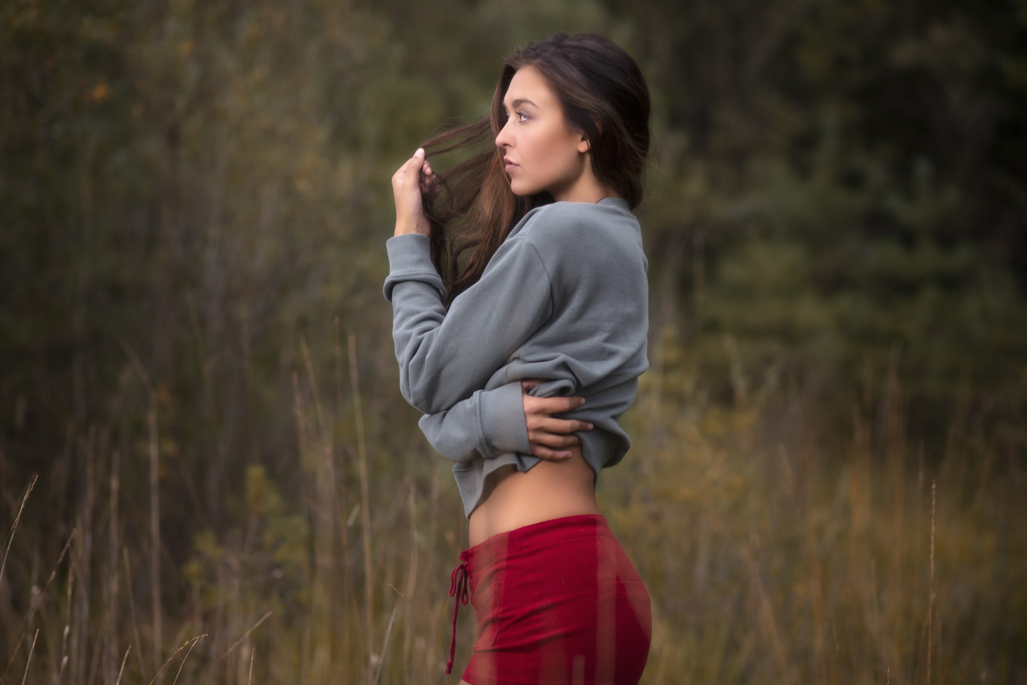 1080P, profile, hands in hair, sweater, women, lifting shirt, portrait, side view, women outdoors, short shorts, HD Wallpaper