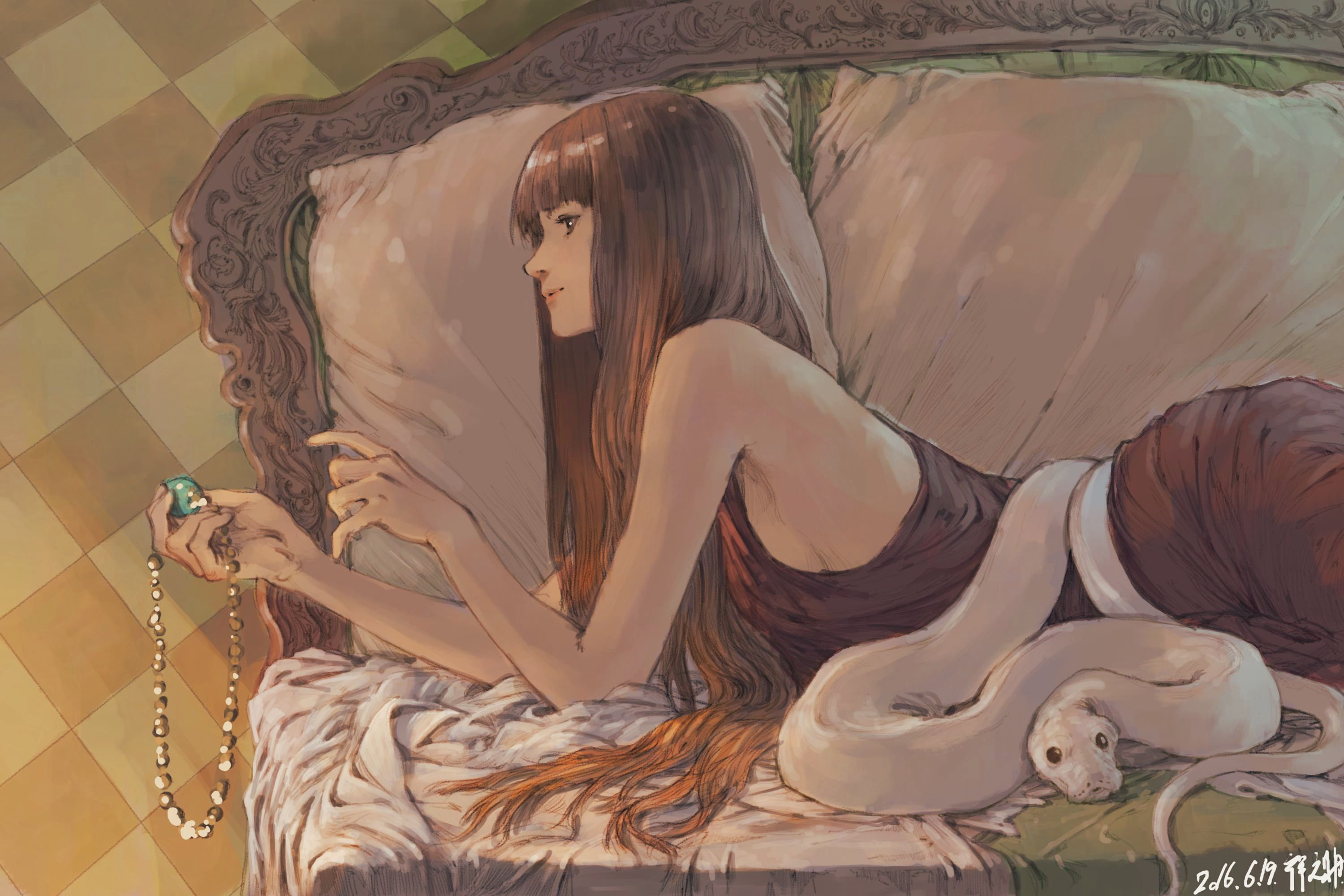 brunette, reptile, anime, 2K, profile, anime girls, long hair, side view, snake, face, indoors, animals, HD Wallpaper
