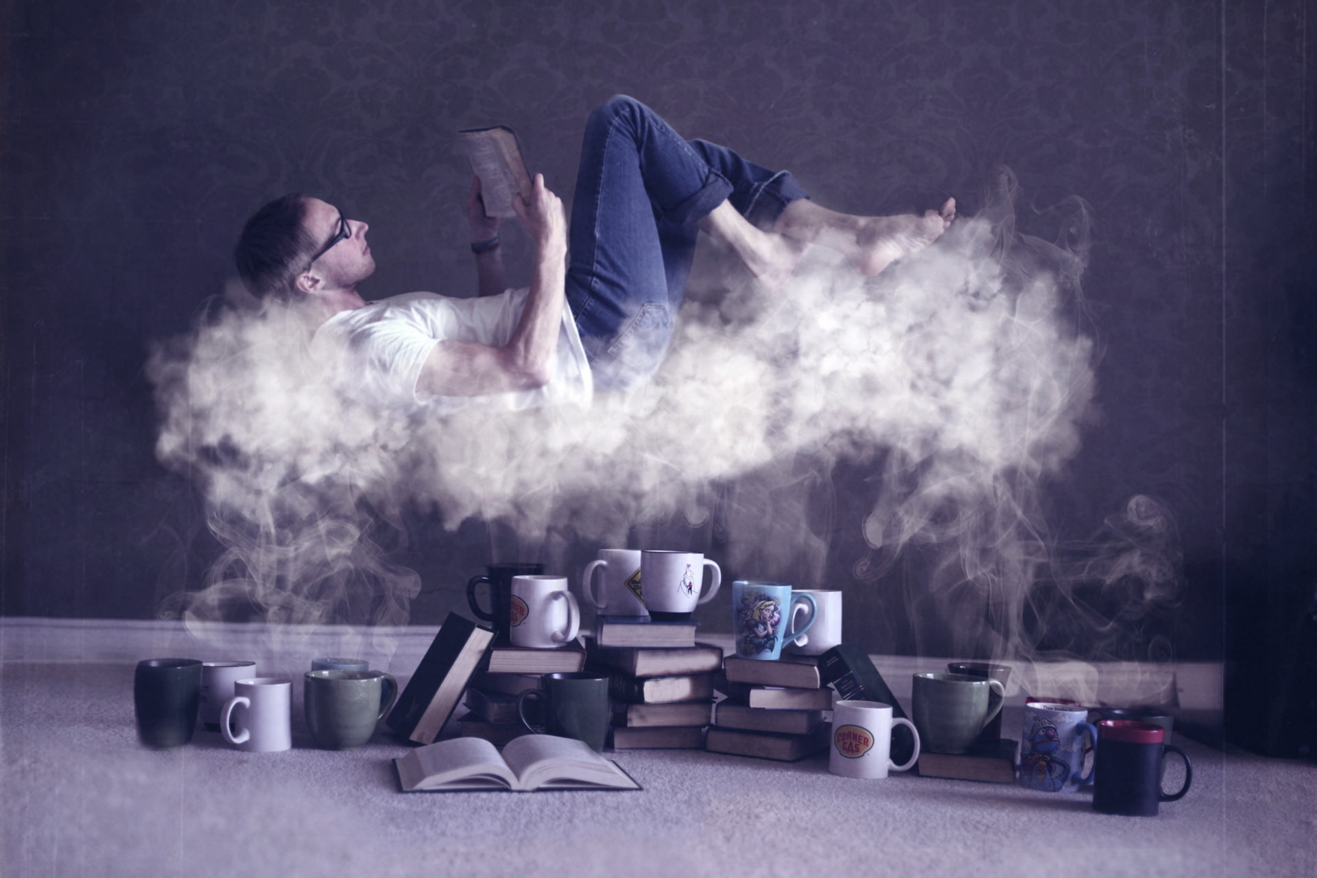 black background, smoke, lying down, the situation, women, males, Cup, cigarette, smoking - activity, sitting, drink, smoke - Physical Structure, bizarre, HD Wallpaper