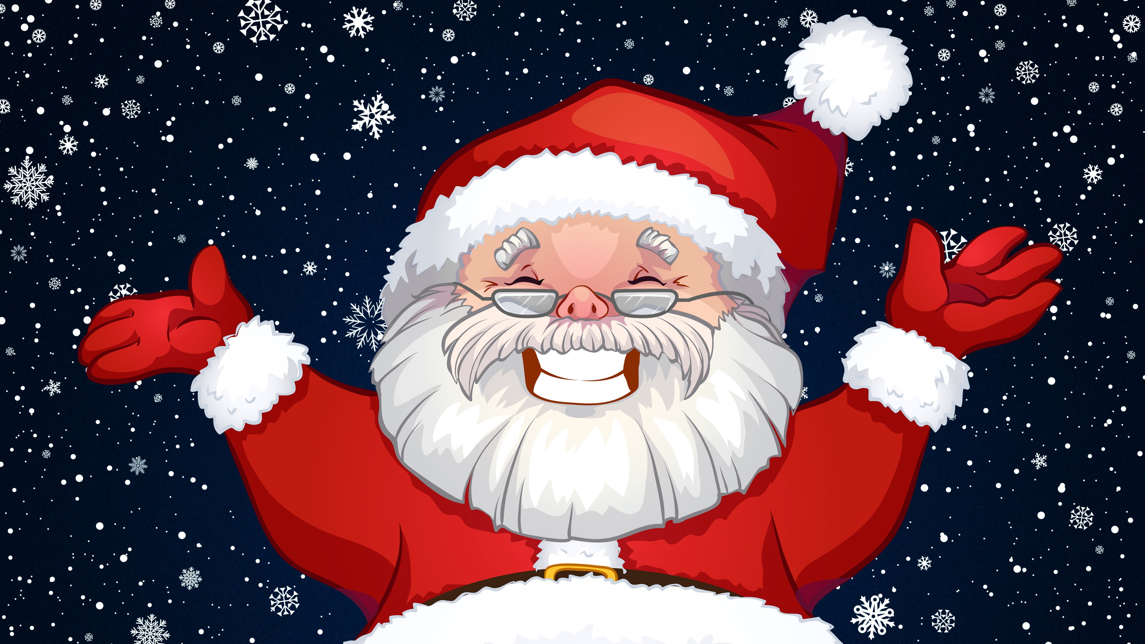 Smile, Christmas, Grandfather, Grandpa, Holiday, Beard, Snow, Santa, Face, Santa Claus, Klaus, New year, Costume, Background, Snowflakes, 2K, HD Wallpaper