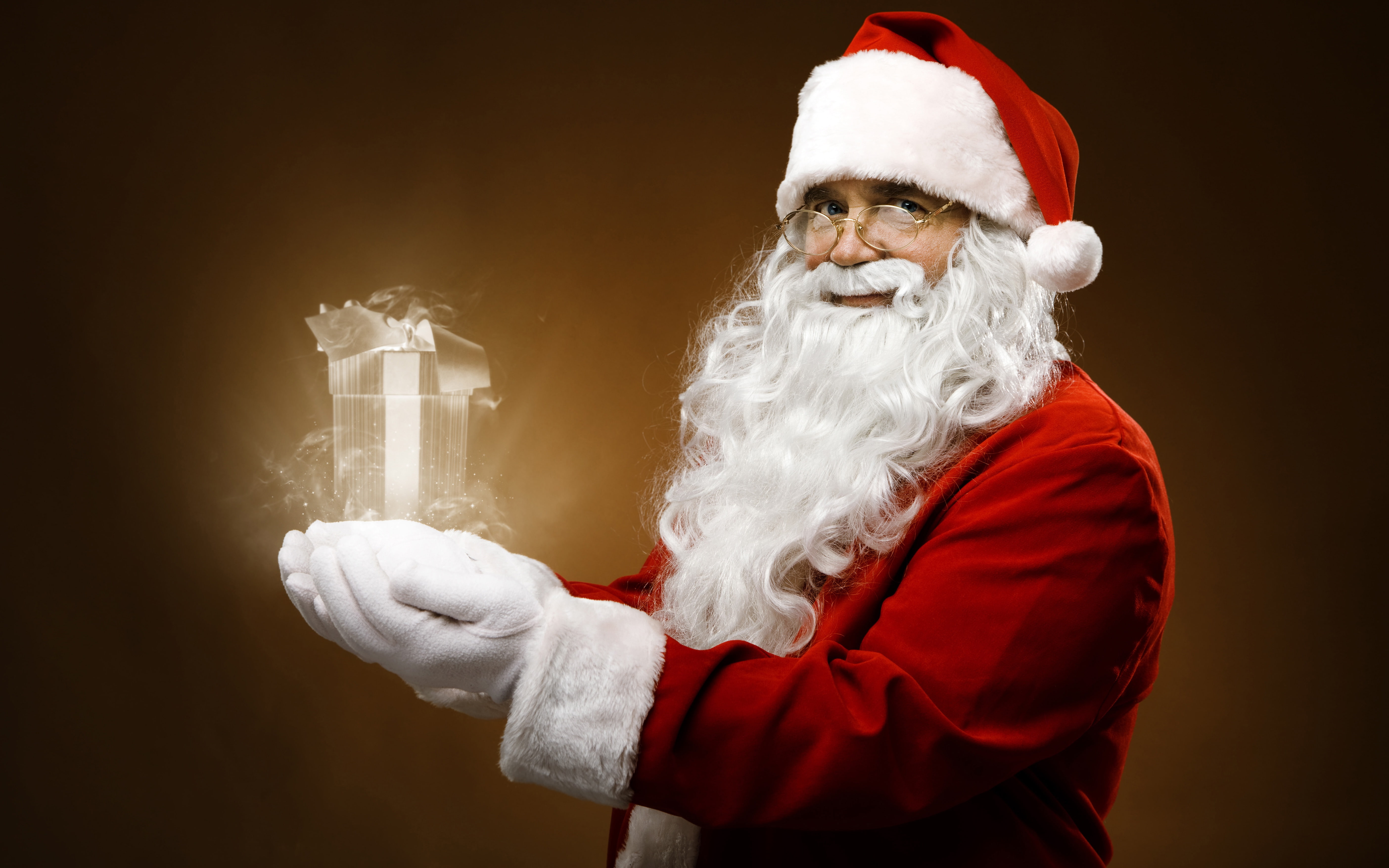 red, smile, the old man, hands, costume, gift, face, Christmas, box, Santa, Christmas miracle, 5K, beard, Santa Claus, background, glasses, new year, magic, HD Wallpaper