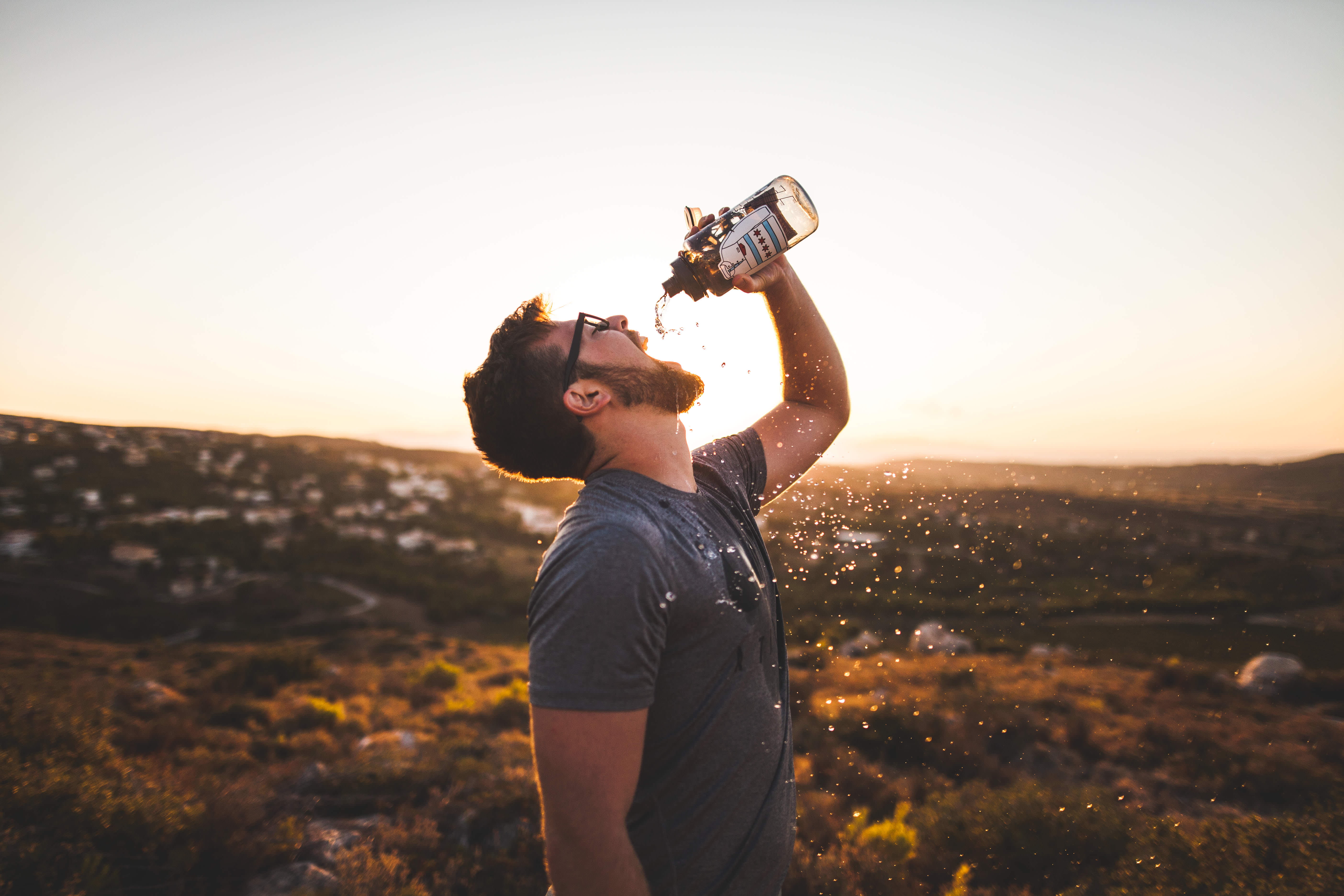 young adult, outdoors, guy, nature, drinking, casual clothing, holding, tshirt, only women, one woman only, man, 5K, sunshine, side view, leisure activity, HD Wallpaper