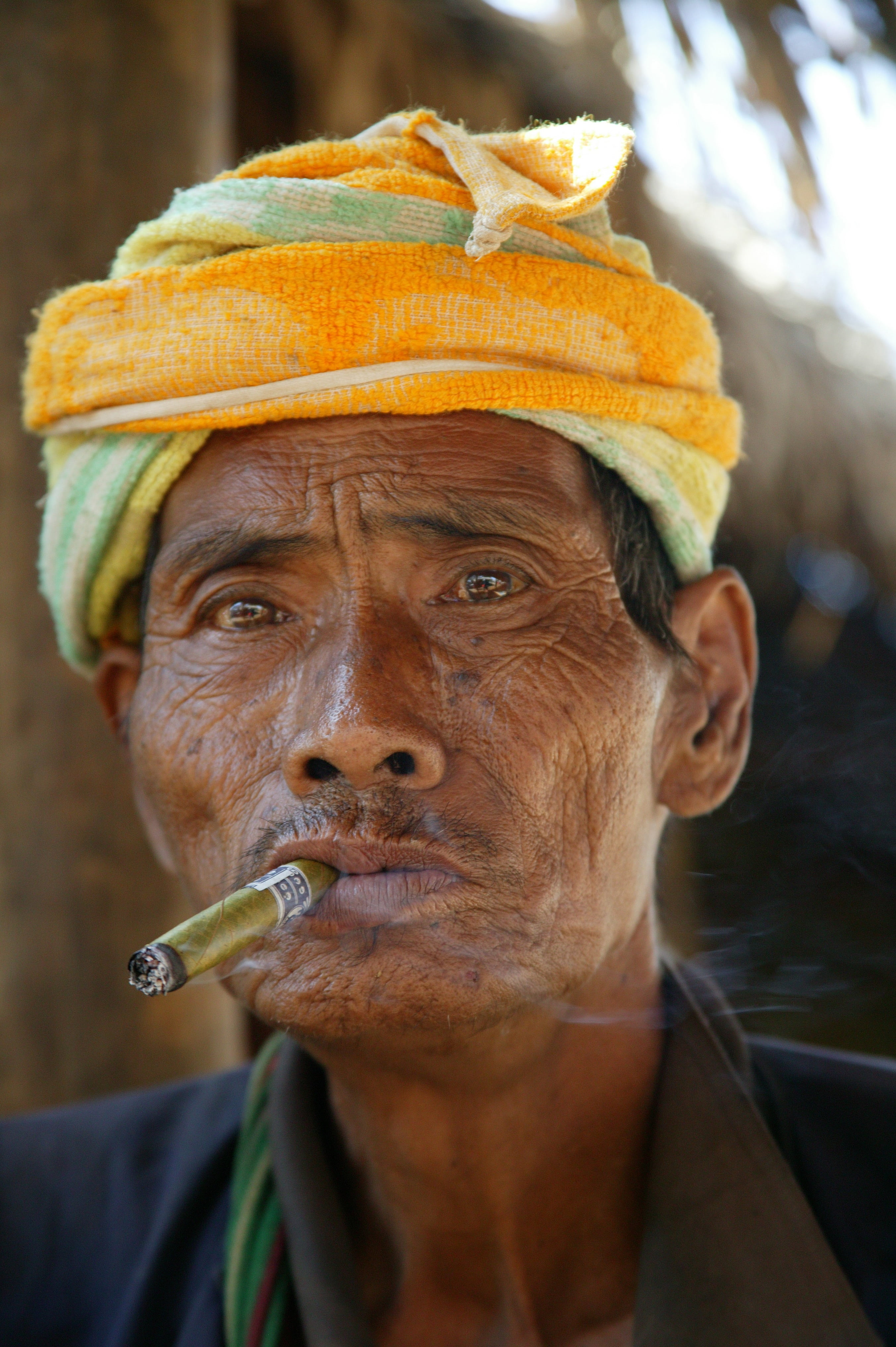 senior men, males, contemplation, 4K, focus on foreground, day, portrait, facial hair, people, mustache, turban, cigar, real people, burma, looking, looking away, Phone HD Wallpaper