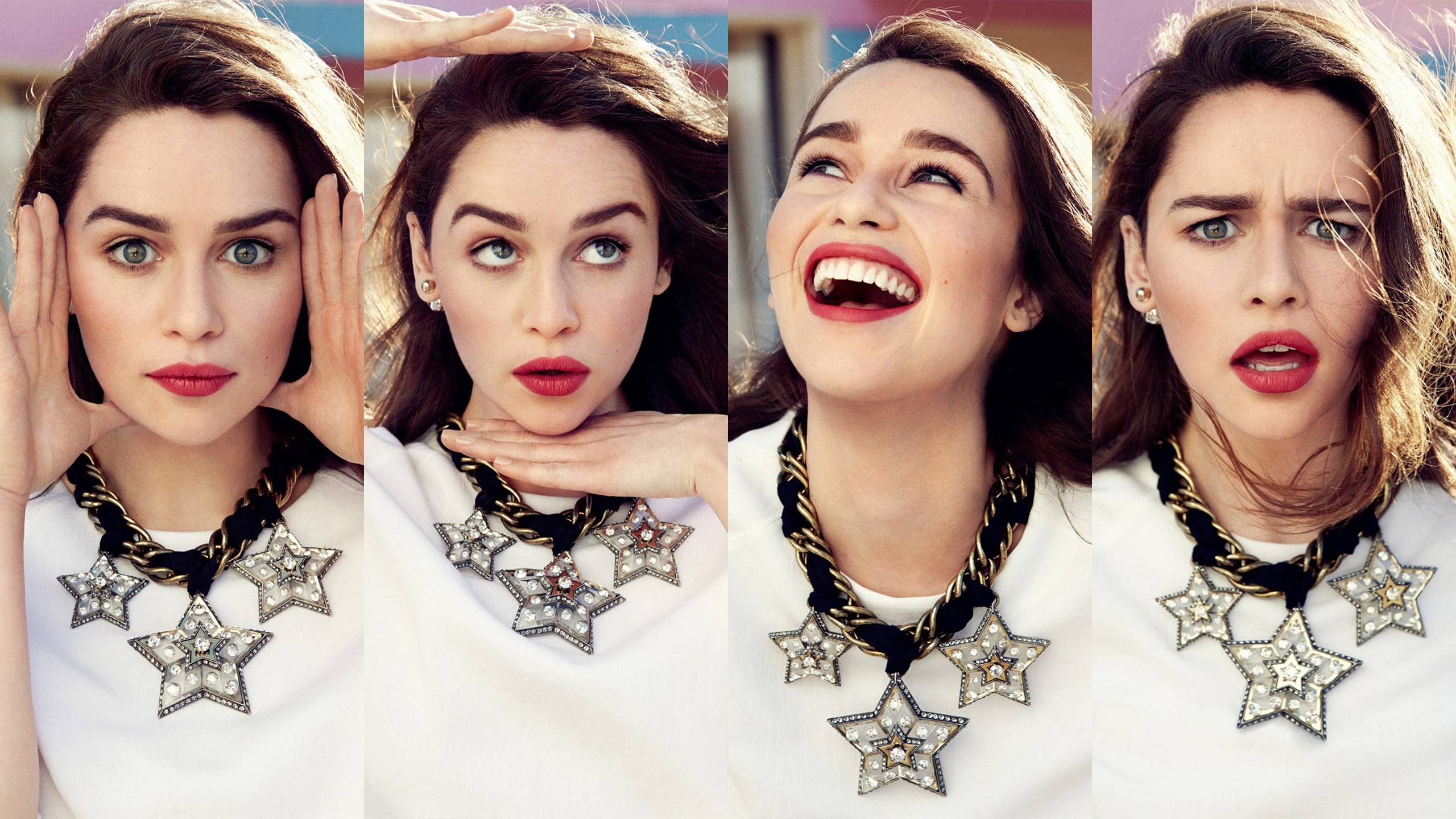 celebrity, brunette, actress, women, portrait, red lipstick, collage, open mouth, necklace, 2K, smiling, Emilia Clarke, HD Wallpaper