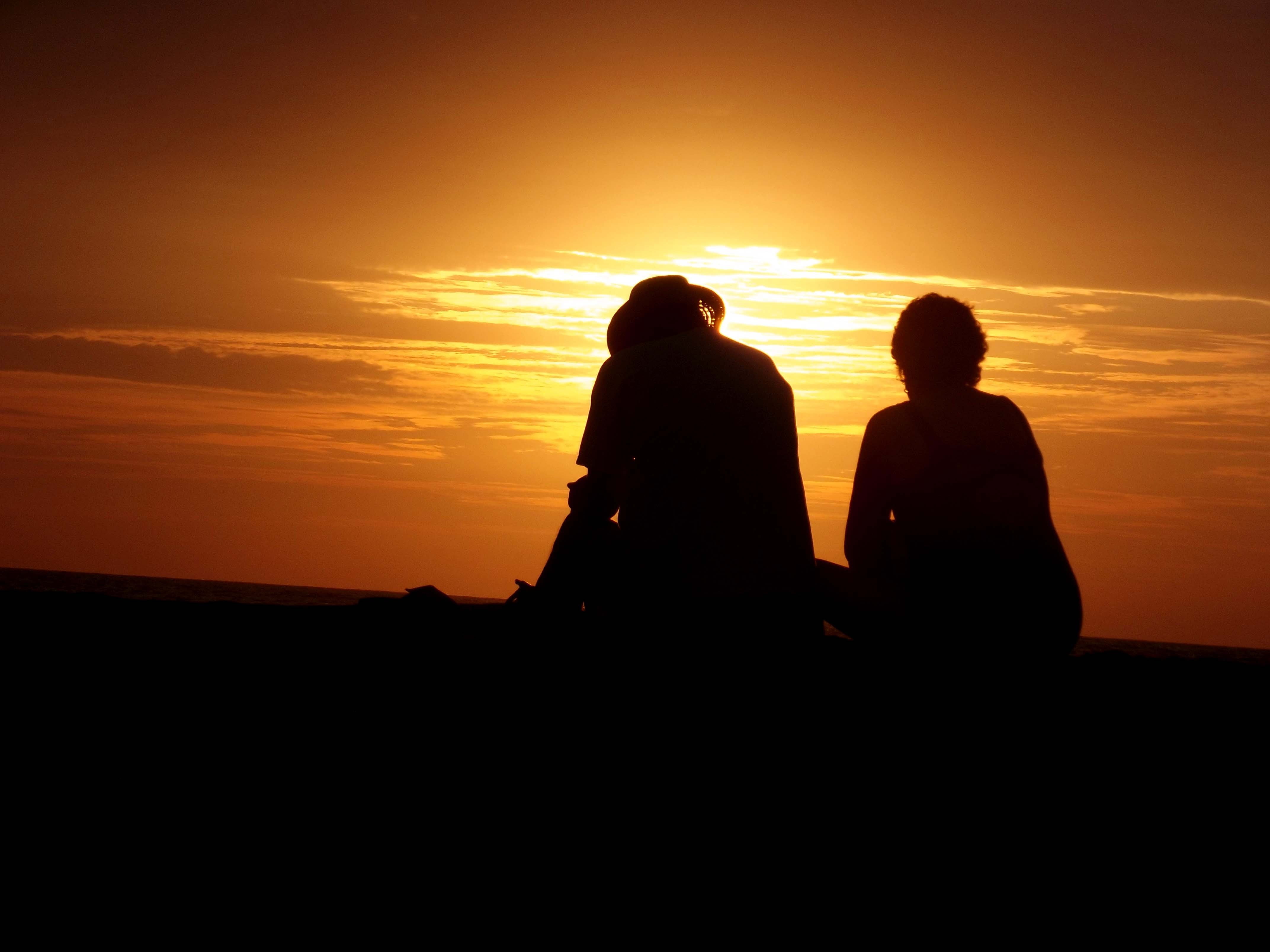 nostalgia, togetherness, couple - relationship, 4K, peaceful, man, person, sunset, land, nature, two, silhouette, women, people, cloud - sky, orange color, HD Wallpaper