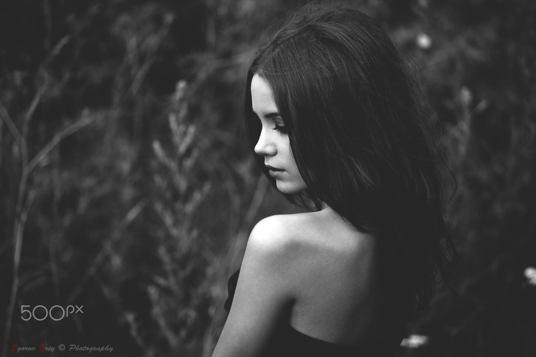 depth of field, looking over shoulder, top, young women, headshot, beauty, lifestyles, looking, long hair, strapless, beautiful woman, brunette, rear view, HD Wallpaper