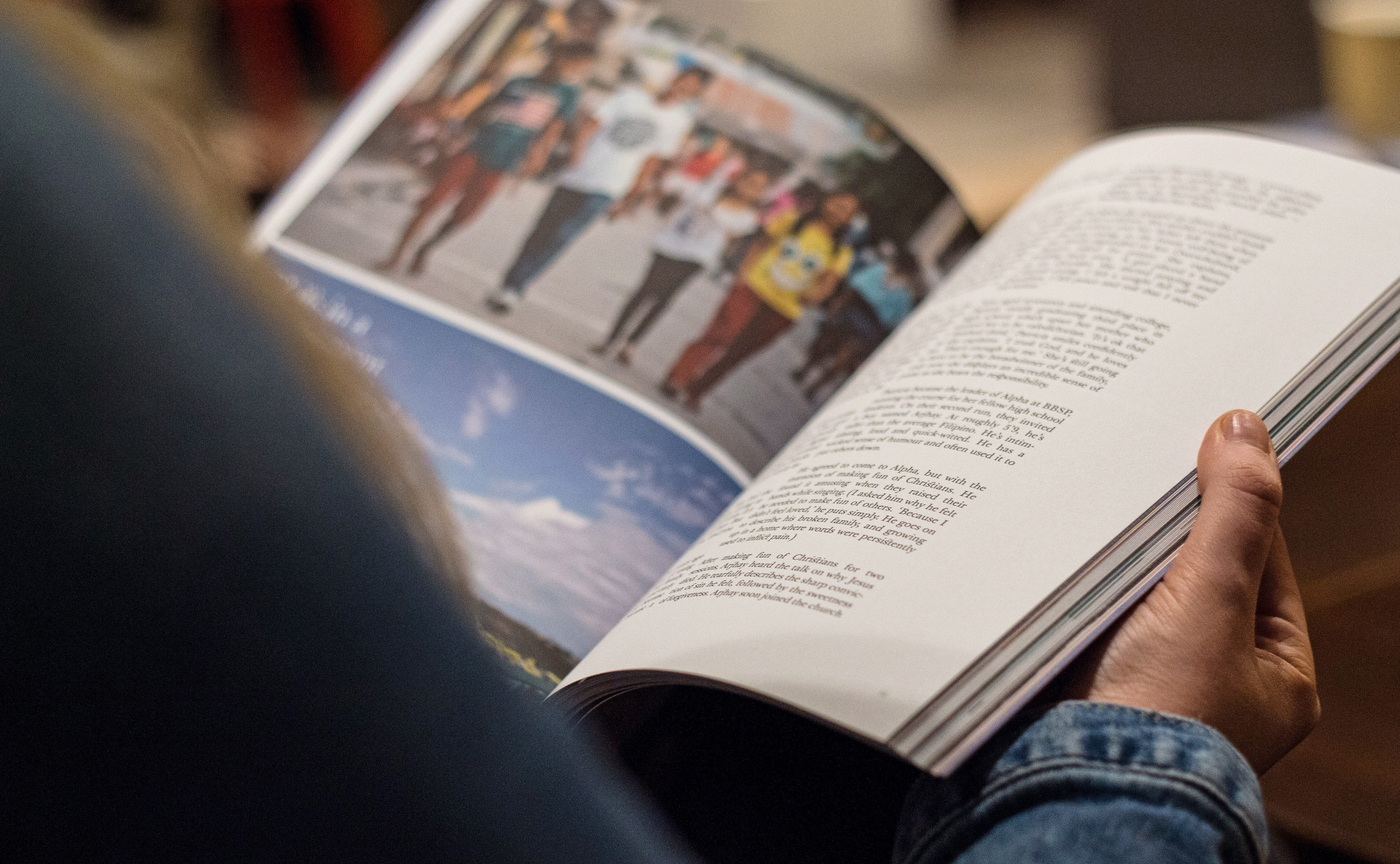 selective focus, personal perspective, read, learning, blue, the media, magazine, open, indoors, reading, book, education, newspaper, denim, publication, HD Wallpaper