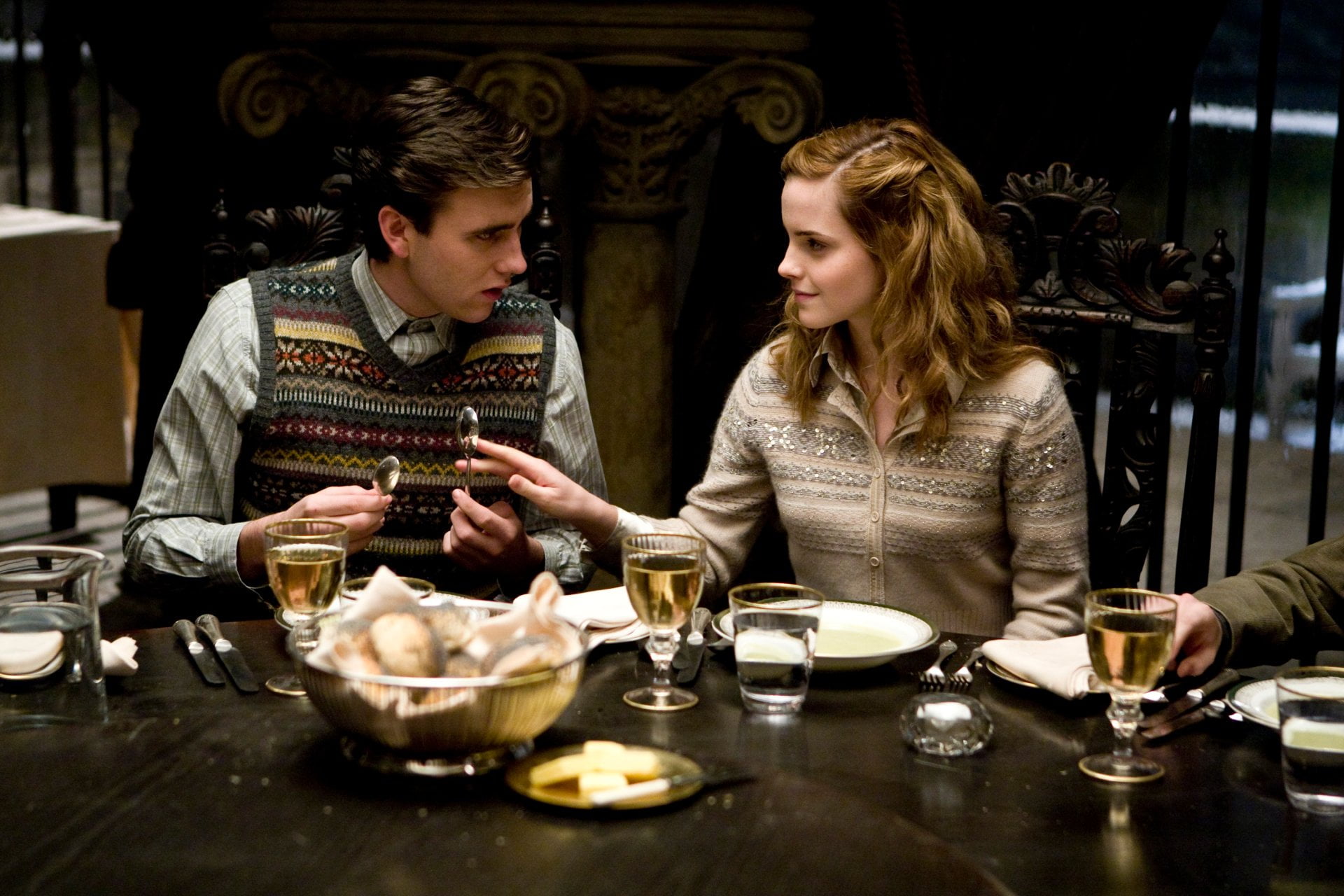 two people, refreshment, Neville Longbottom, couple - relationship, friendship, 1080P, lifestyles, glass, Hermione Granger, food and drink, young adult, HD Wallpaper