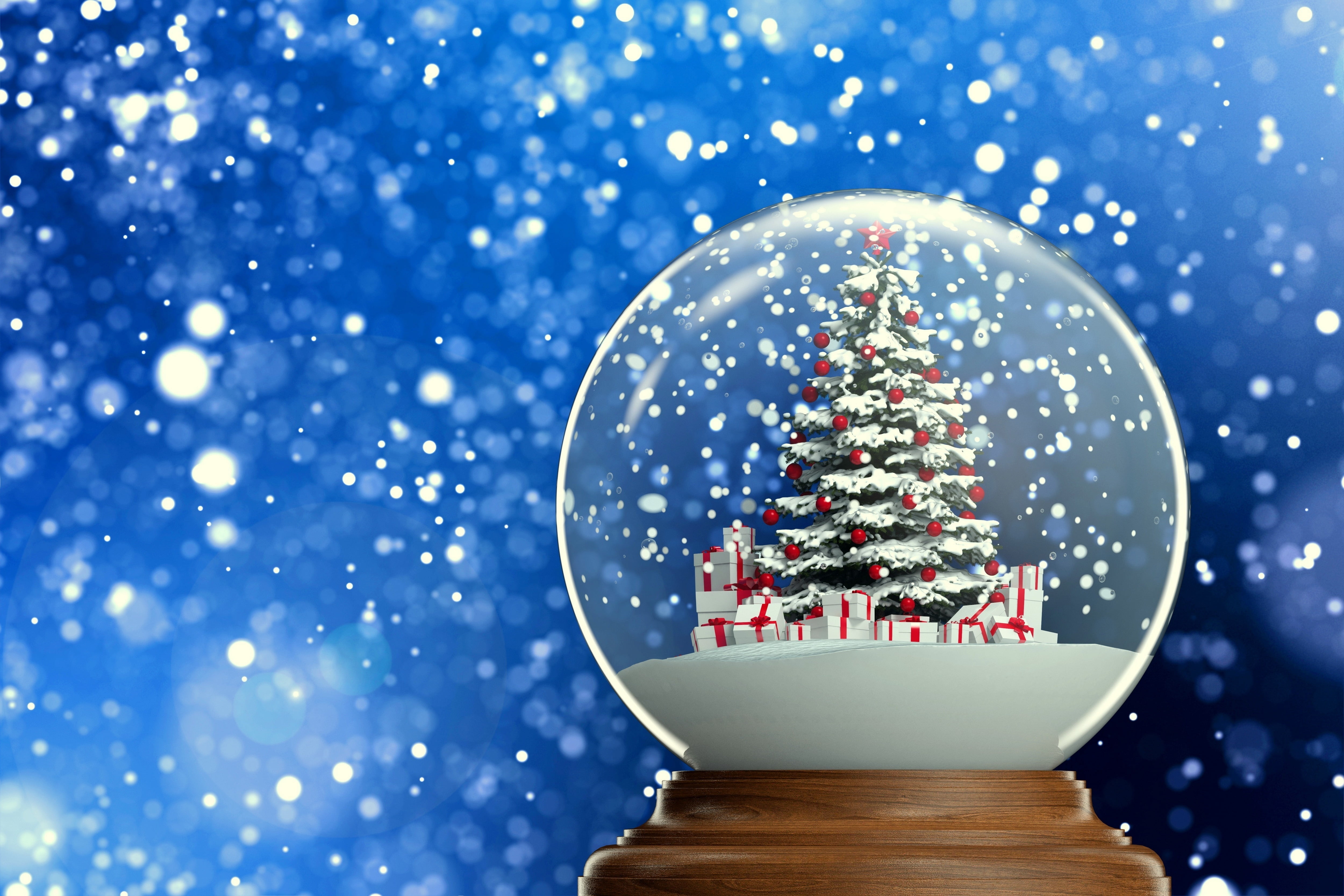 fir Tree, new, 2015, season, snowflake, 4K, globe, christmas, abstract, illuminated, blue, gifts, night, winter, holiday, light - Natural Phenomenon, snow globe, HD Wallpaper