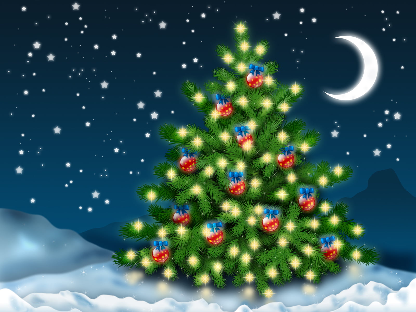 720P, sphere, sky, season, star - Space, pine Tree, backgrounds, illustration, night, nature, outdoors, glowing, fir Tree, new Years Eve, green Color, HD Wallpaper