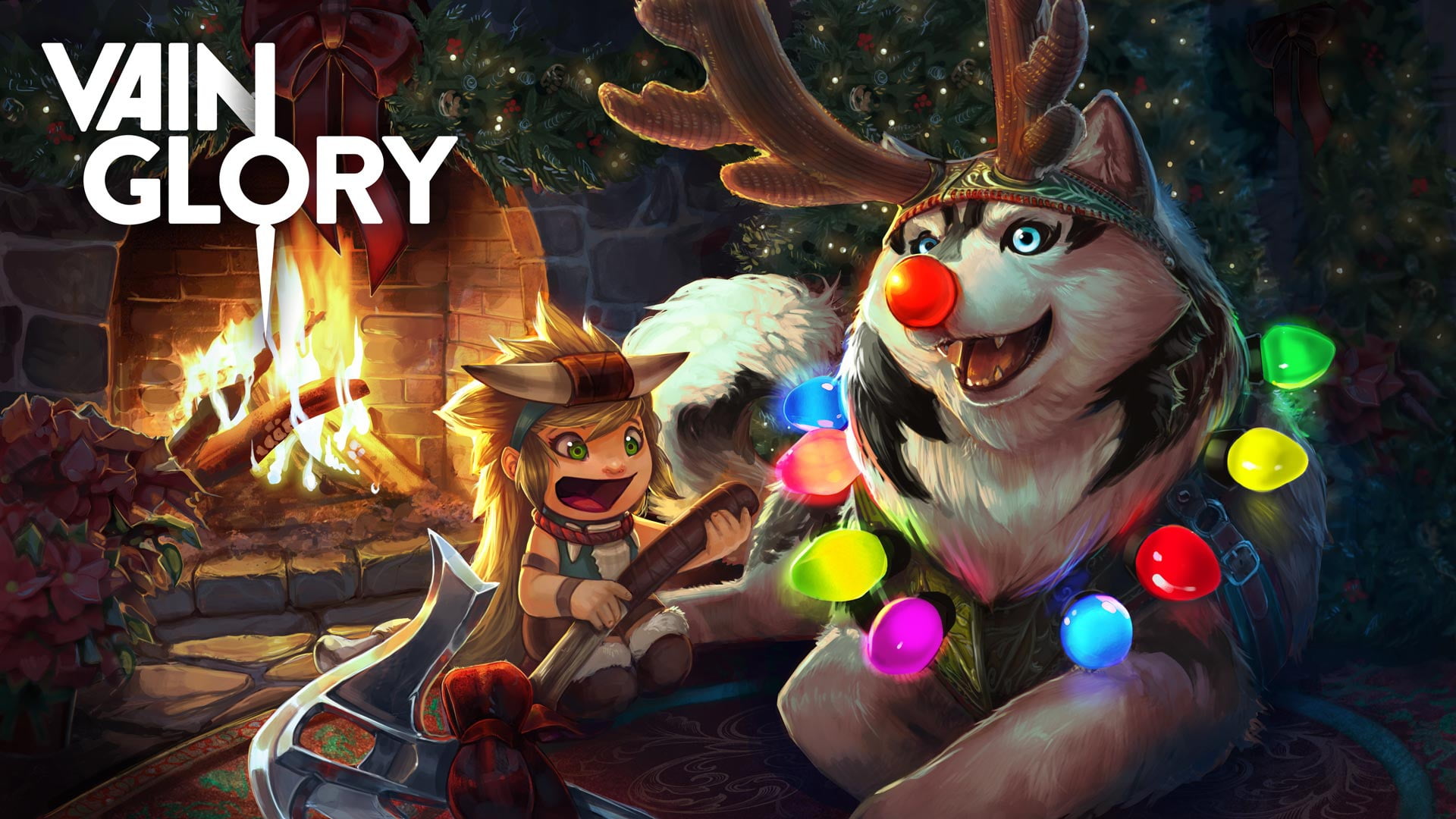 Vainglory, garland, 1080P, childrens, dog, holiday, horns, New year, art, herringbone, husky, the game, fireplace, HD Wallpaper
