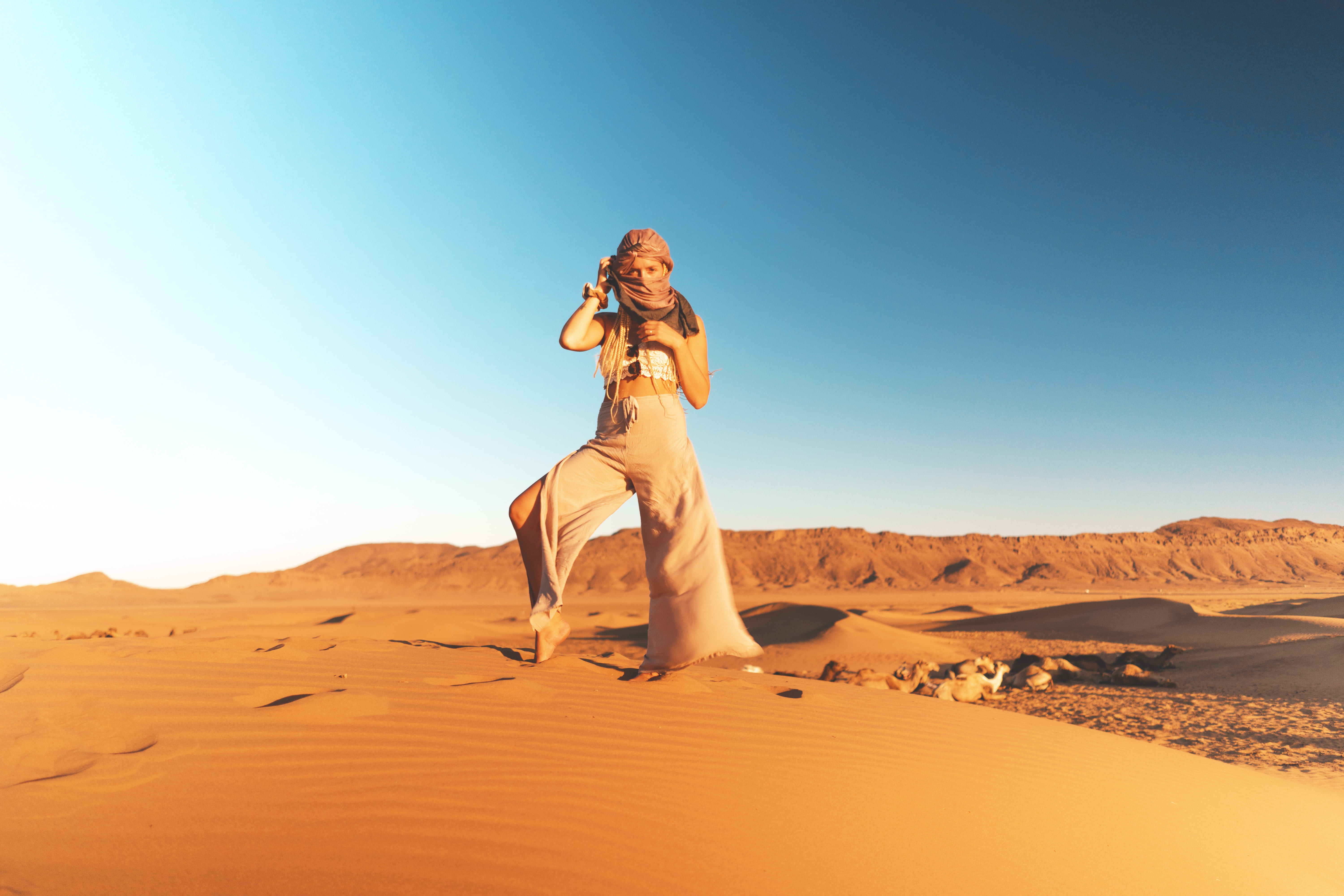 environment, woman, blond, tuareq, climate, ride, wind, camel, arid climate, landscape, sunlight, sand, mode, adult, desert, blue, style, travel, nature, HD Wallpaper