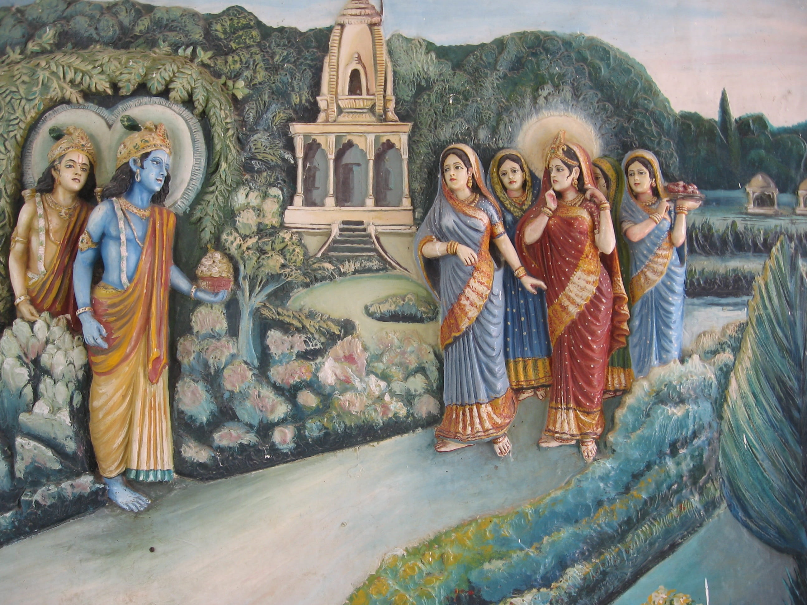 2K, India, female likeness, Temple, Painting, human representation, spirituality, art and craft, creativity, male likeness, adult, representation, togetherness, HD Wallpaper