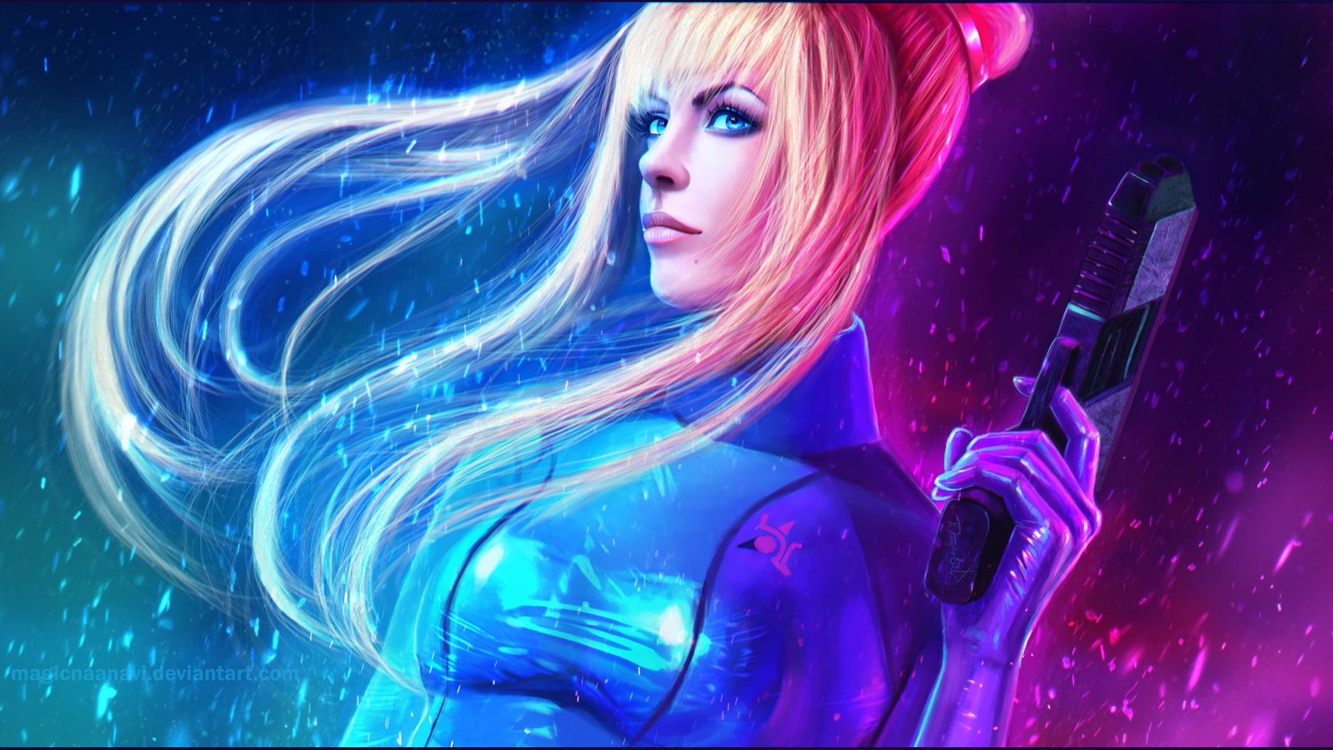 women, night, beautiful woman, blond hair, hairstyle, Metroid Prime, Samus Aran, looking at camera, young adult, indoors, laser, illuminated, 1080P, studio shot, HD Wallpaper