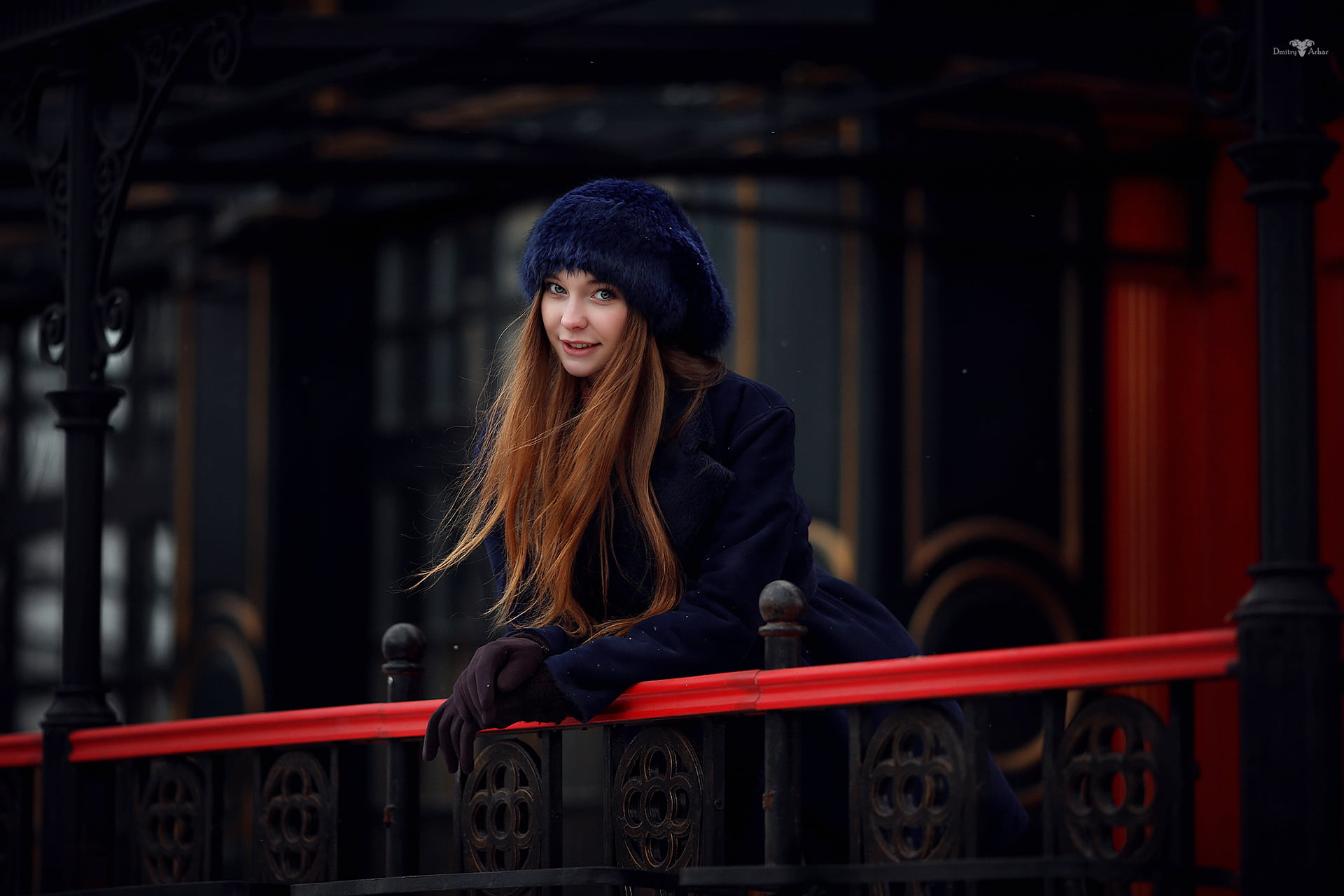 hat, warm clothing, architecture, smiling, looking at viewer, fur cap, Russia, 1080P, outdoors, gloves, real people, young women, women, clothing, green eyes, HD Wallpaper