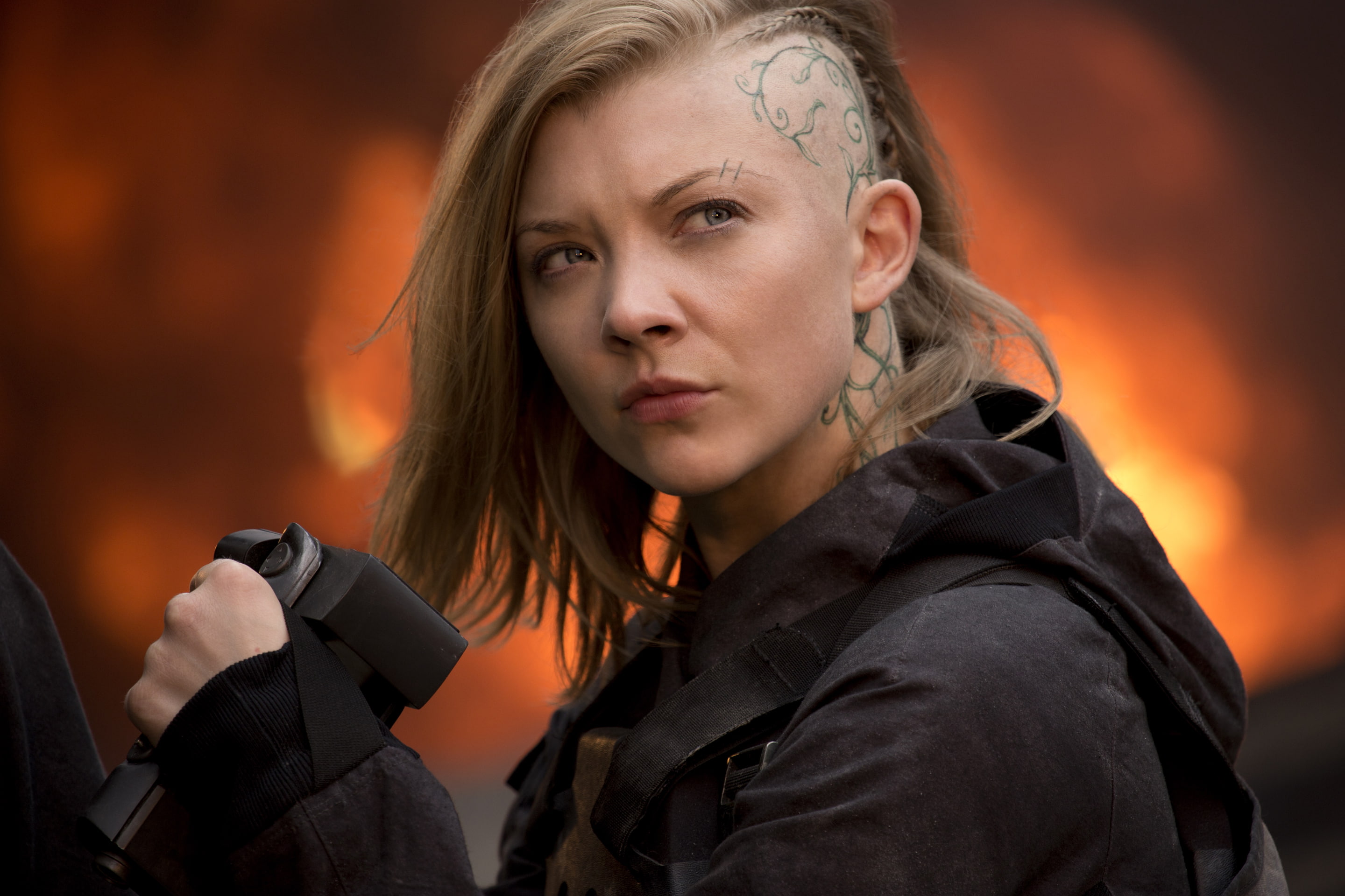 orange color, one person, fire, clothing, women, The Hunger Games: Mockingjay - Part 1, young adult, burning, beautiful woman, front view, headshot, blond hair, HD Wallpaper