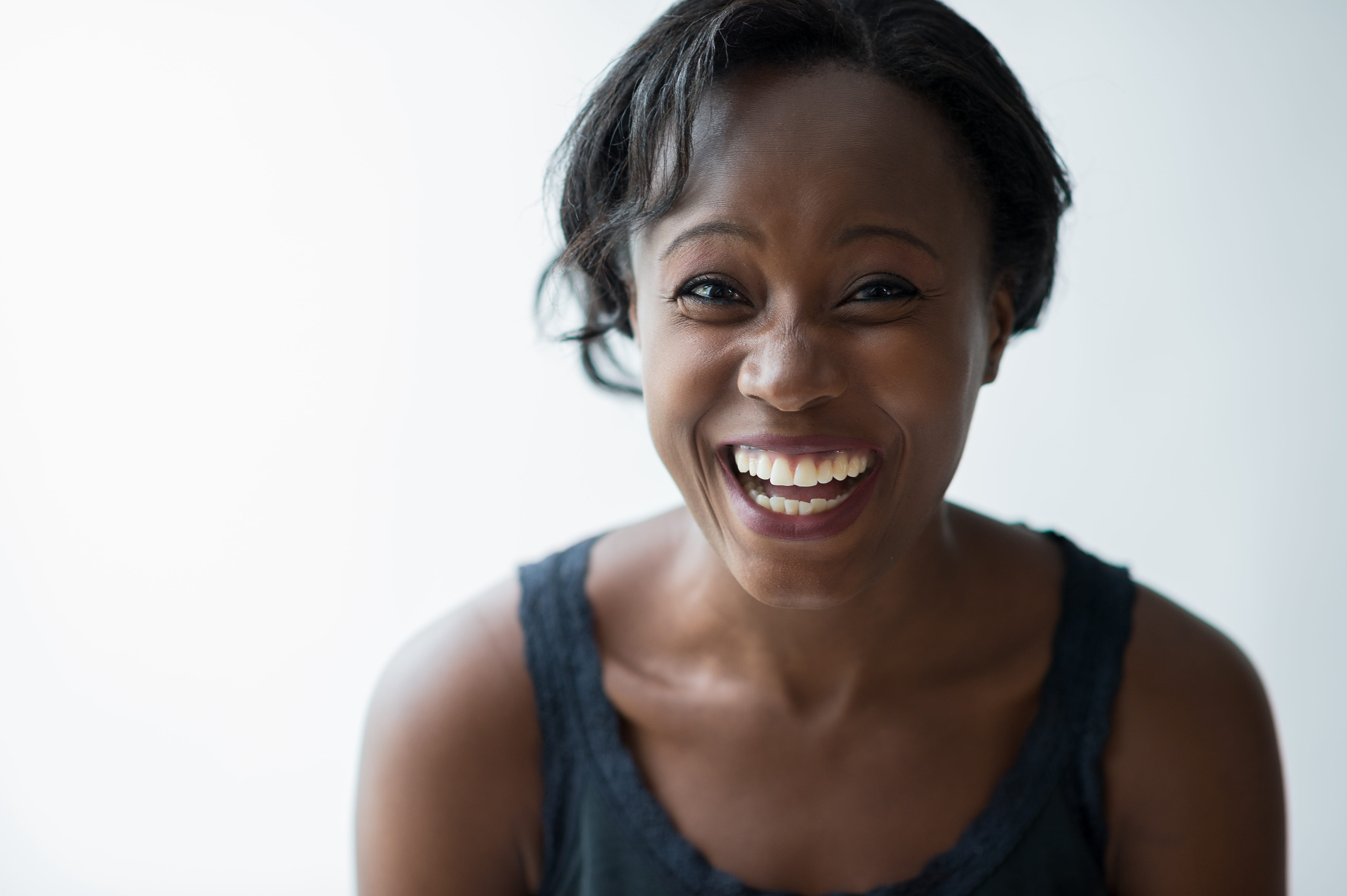 mouth open, person, copy space, dimples, beautiful woman, hair, 4K, woman, laughing, human, smiling, teeth, looking at camera, smile, cheerful, black woman, HD Wallpaper