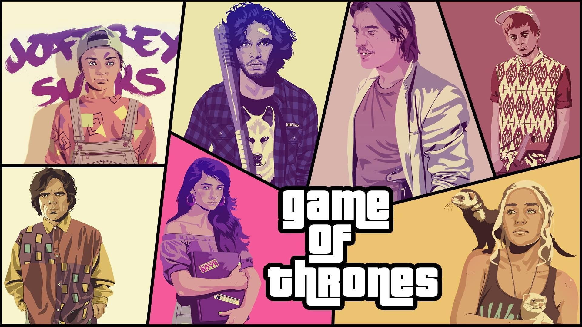 group of people, people, art and craft, communication, global communications, waist up, game of thrones grand theft auto v grand theft auto daenerys targaryen jon snow joffrey baratheon tyrion lannister parody, HD Wallpaper