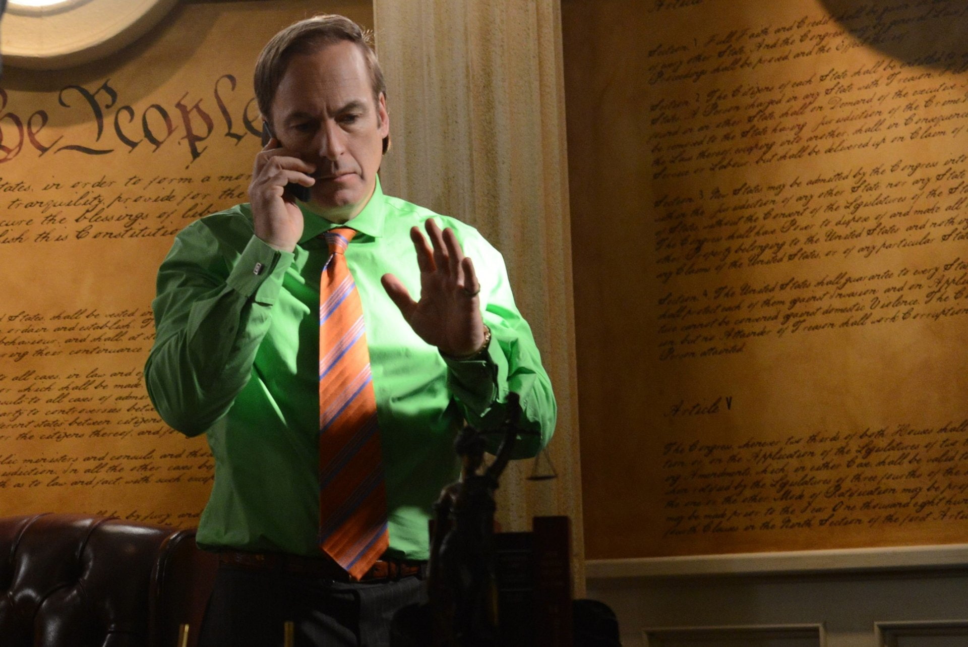 adult, Breaking Bad, text, one person, standing, men, mobile phone, front view, waist up, using phone, clothing, indoors, holding, Saul Goodman, communication, HD Wallpaper