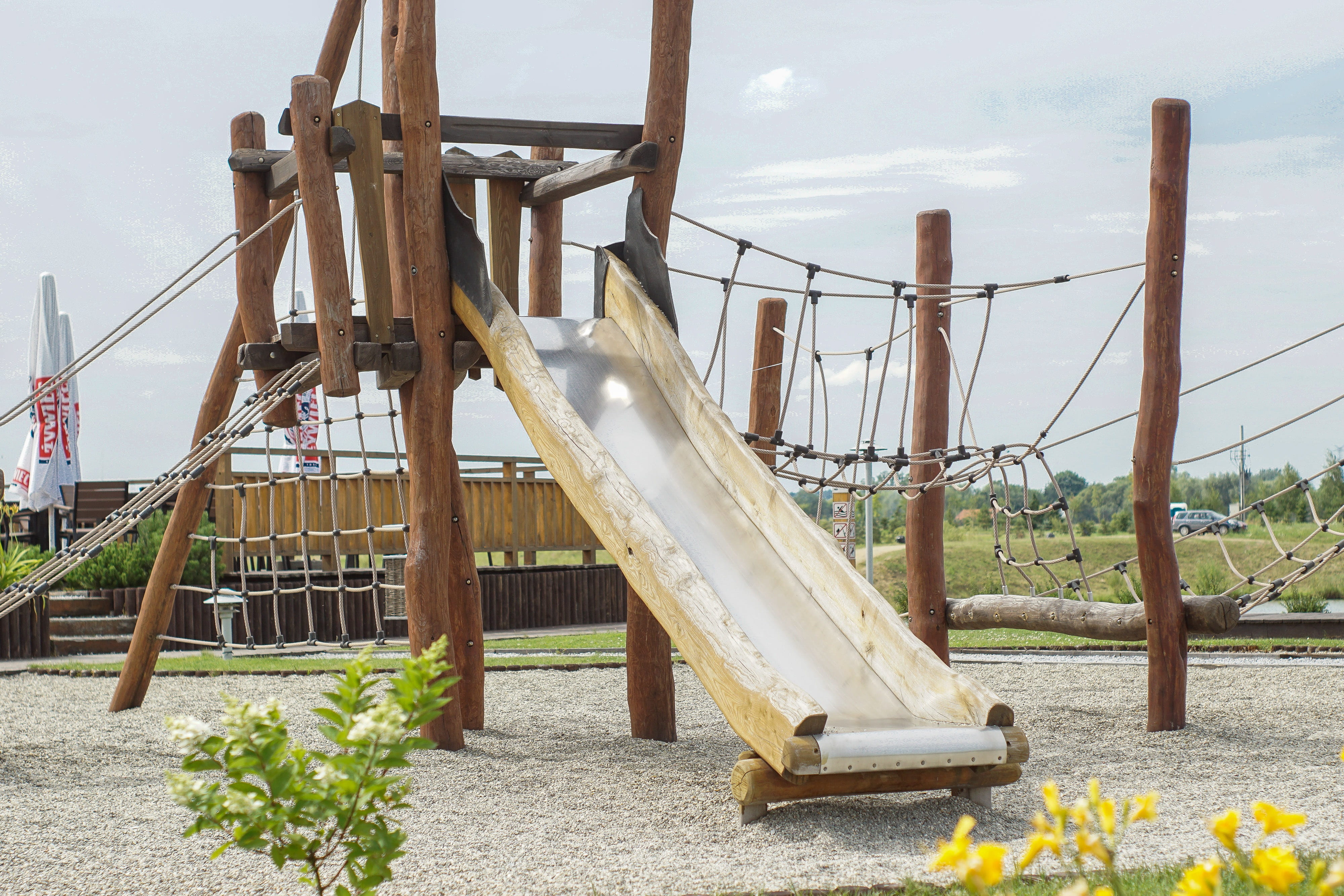 park, day, built structure, swing, slide, wood - material, fun, no people, sunlight, wooden, outdoor play equipment, obstacle course, architecture, outdoors, HD Wallpaper