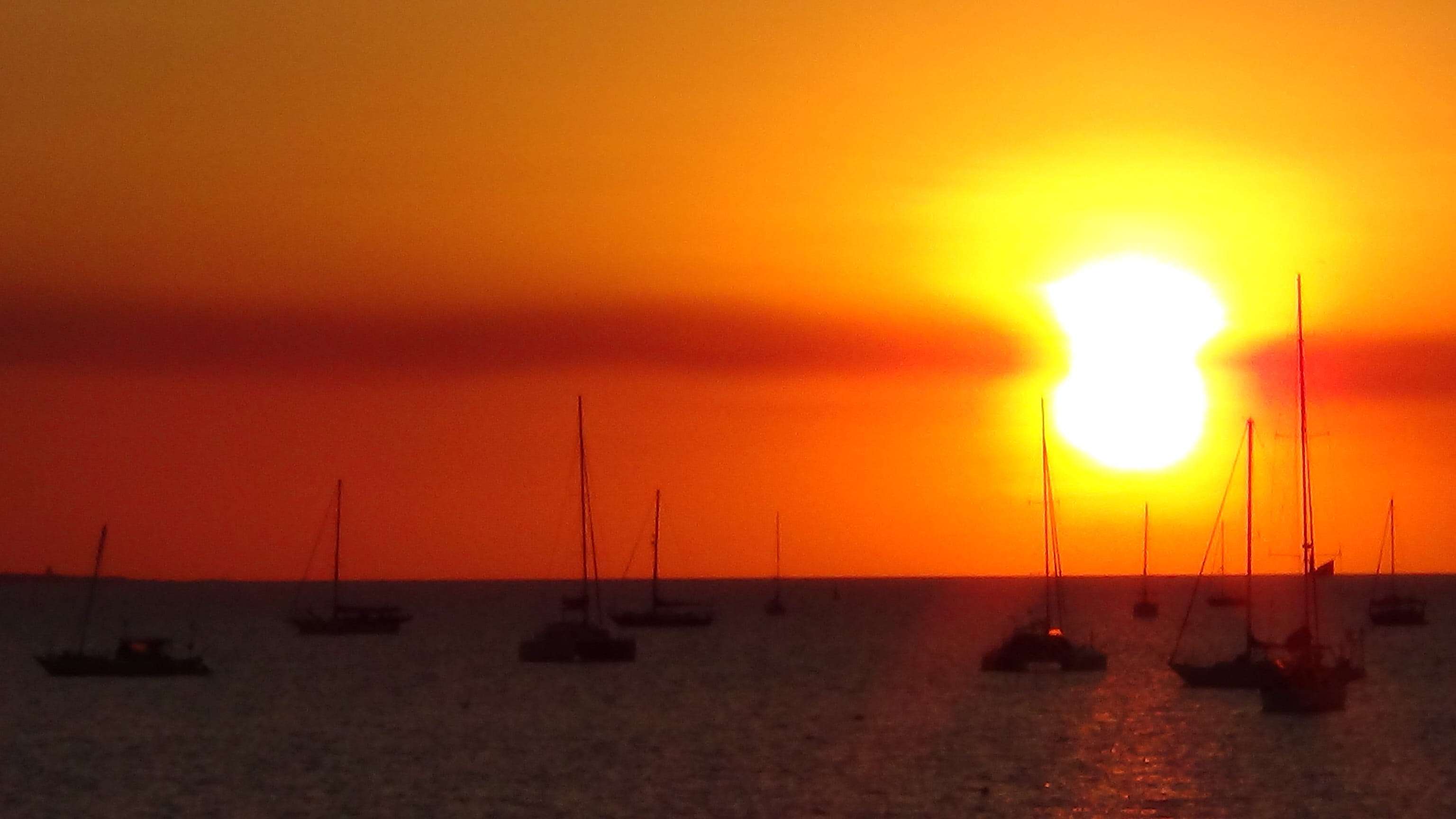 scenics - nature, 2K, sea, transportation, orange color, cloud - sky, sunset, beauty in nature, tranquility, sailboat, horizon over water, sailing, bright, HD Wallpaper
