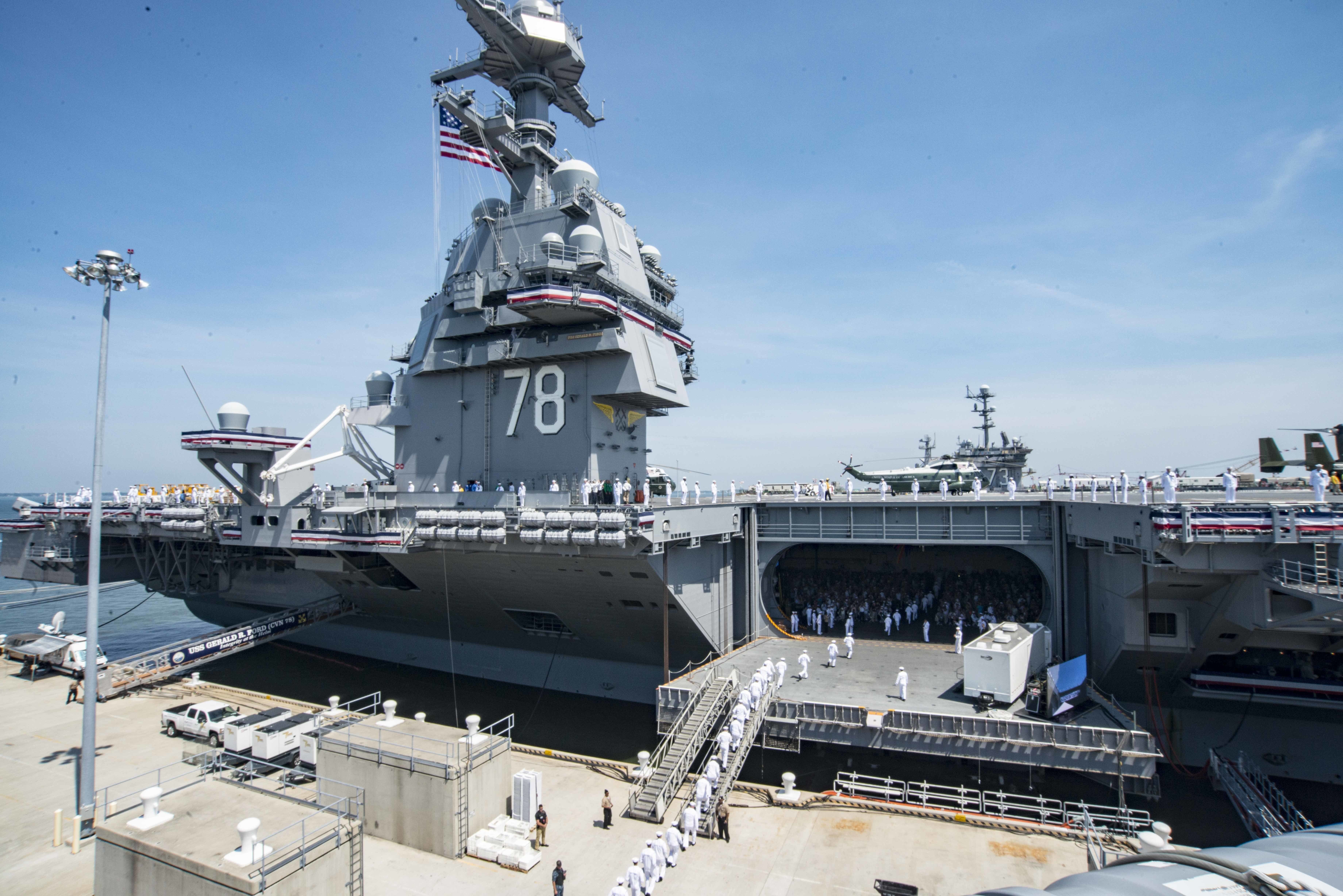 ship, military, mode of transportation, harbor, architecture, commissioning ceremony, nature, aircraft carrier, outdoors, built structure, freight transportation, HD Wallpaper