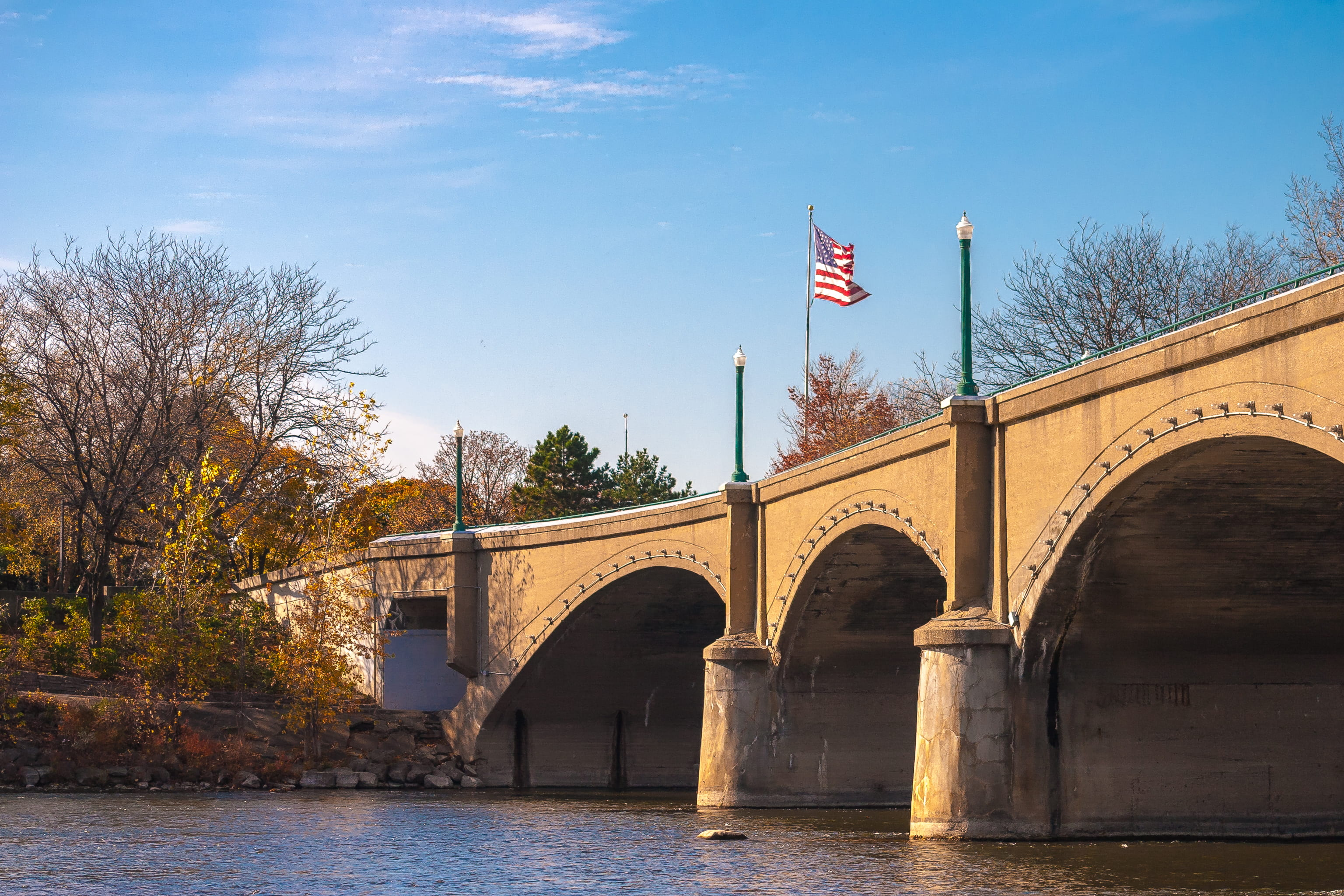 no people, building exterior, plant, grand river, grand rapids, sky, nature, bridge, us flag, united states, water, arched, architecture, patriotism, flag, HD Wallpaper