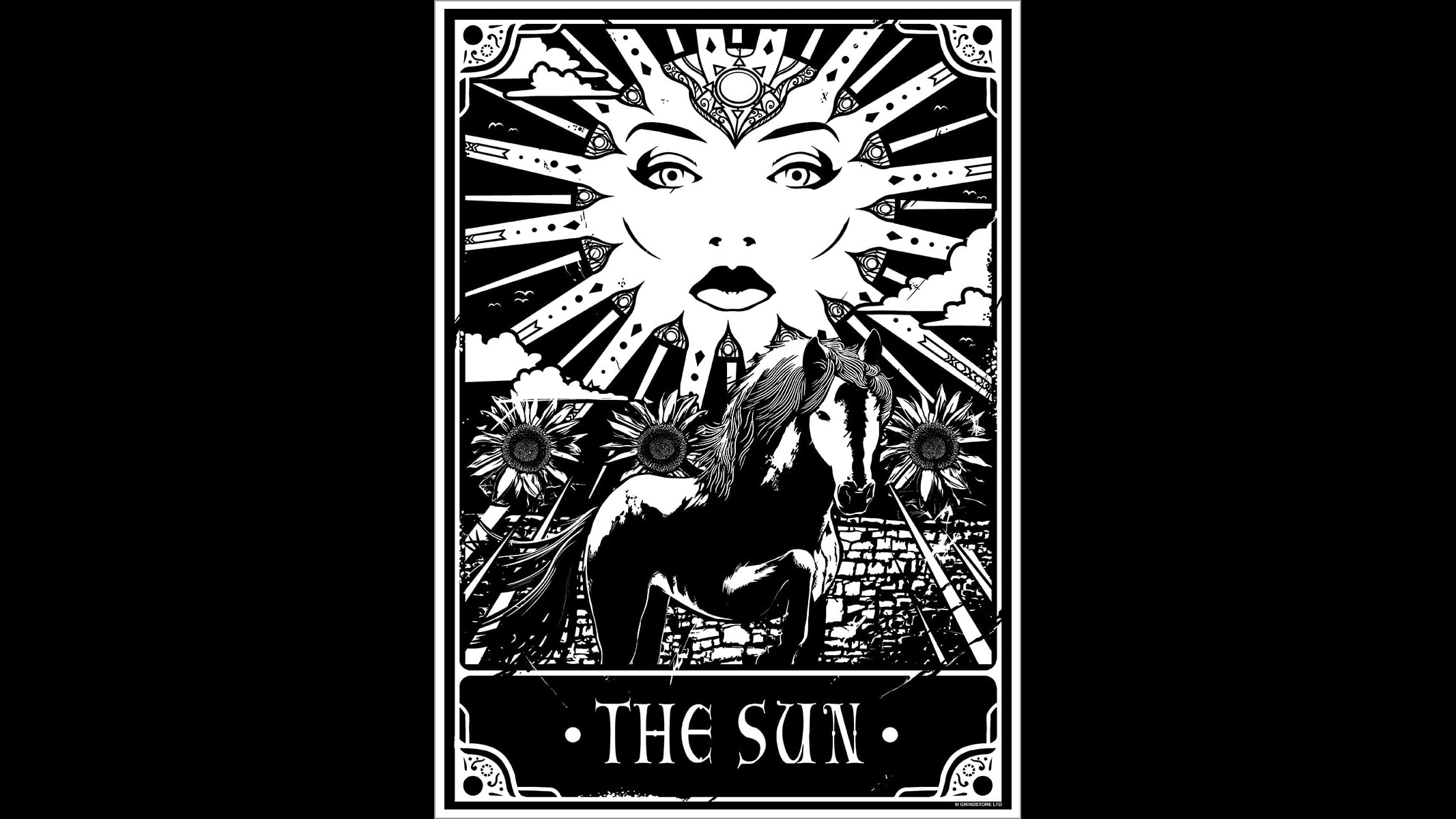 face, monochrome, horse, Sun Flower, occultism, text, simple background, 1080P, tarot, Sun, HD Wallpaper