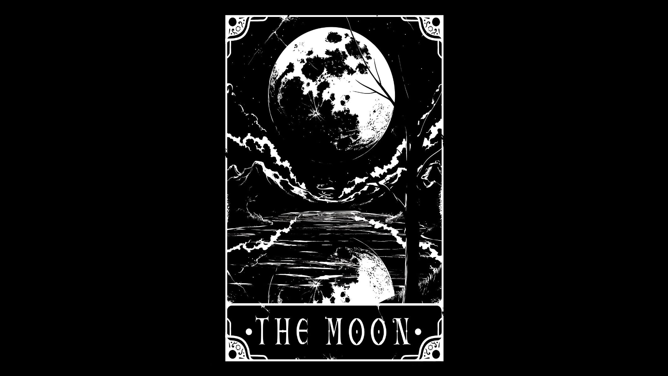 1080P, tarot, simple background, monochrome, lake, Moon, text, occultism, reflection, HD Wallpaper