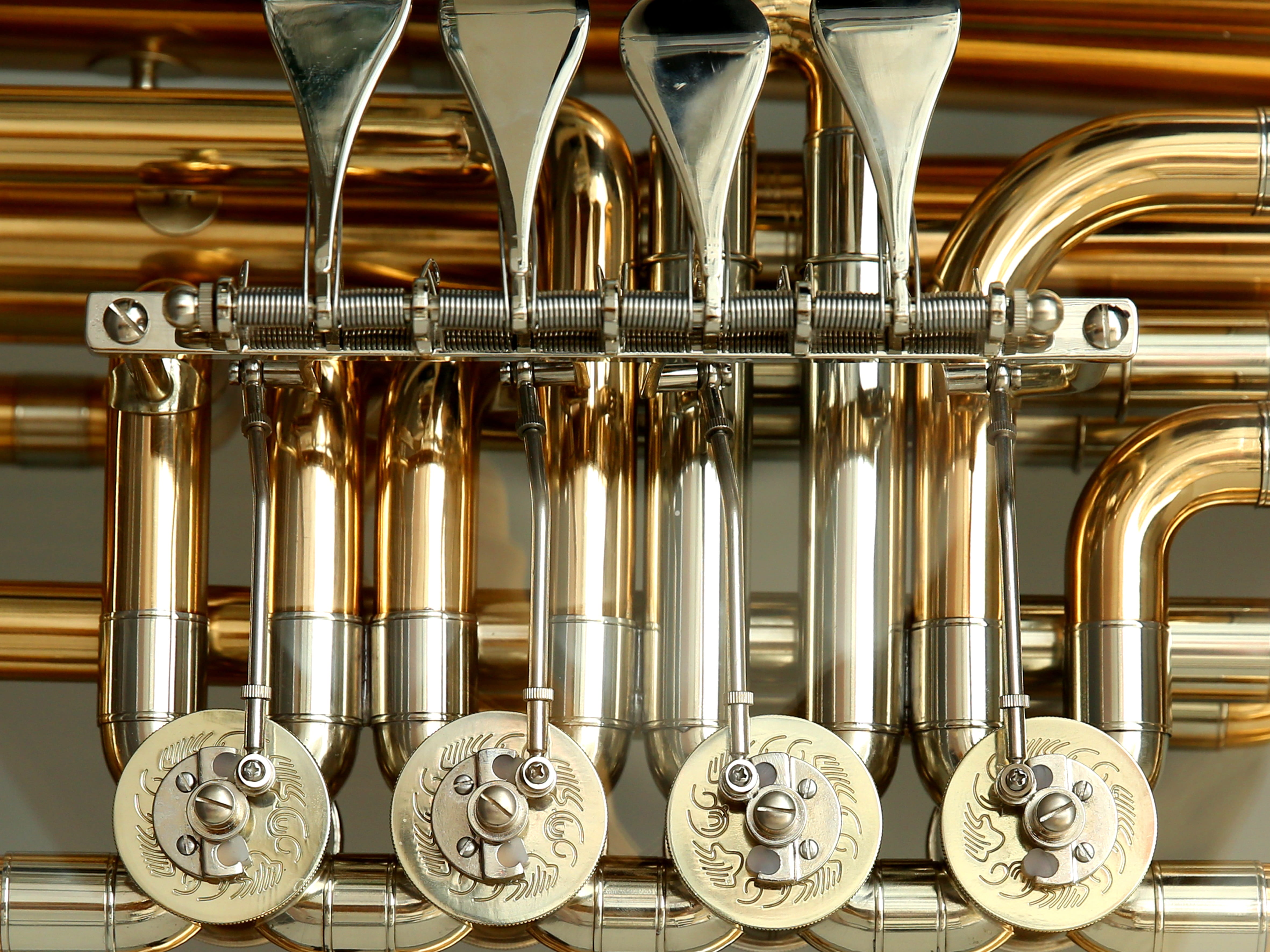 silver colored, in a row, industry, 4K, close-up, detail, gold colored, no people, factory, metal, shiny, play, musical, instrument, indoors, brass, alloy, HD Wallpaper