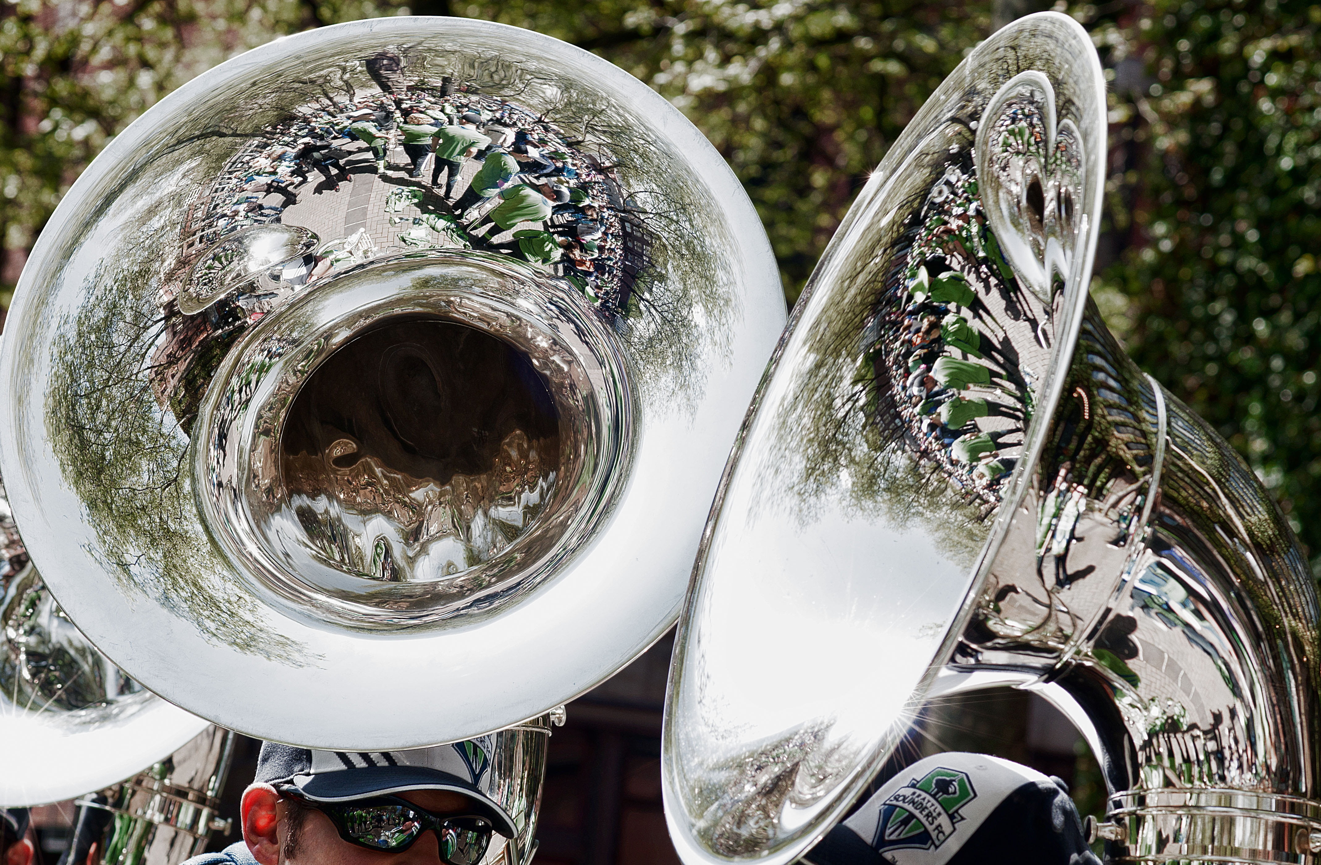 sounders, still life, circle, men, silver - metal, music, brass instrument, reflections, seattle, trombones, reflection, steel, two, no people, plant, marching, HD Wallpaper