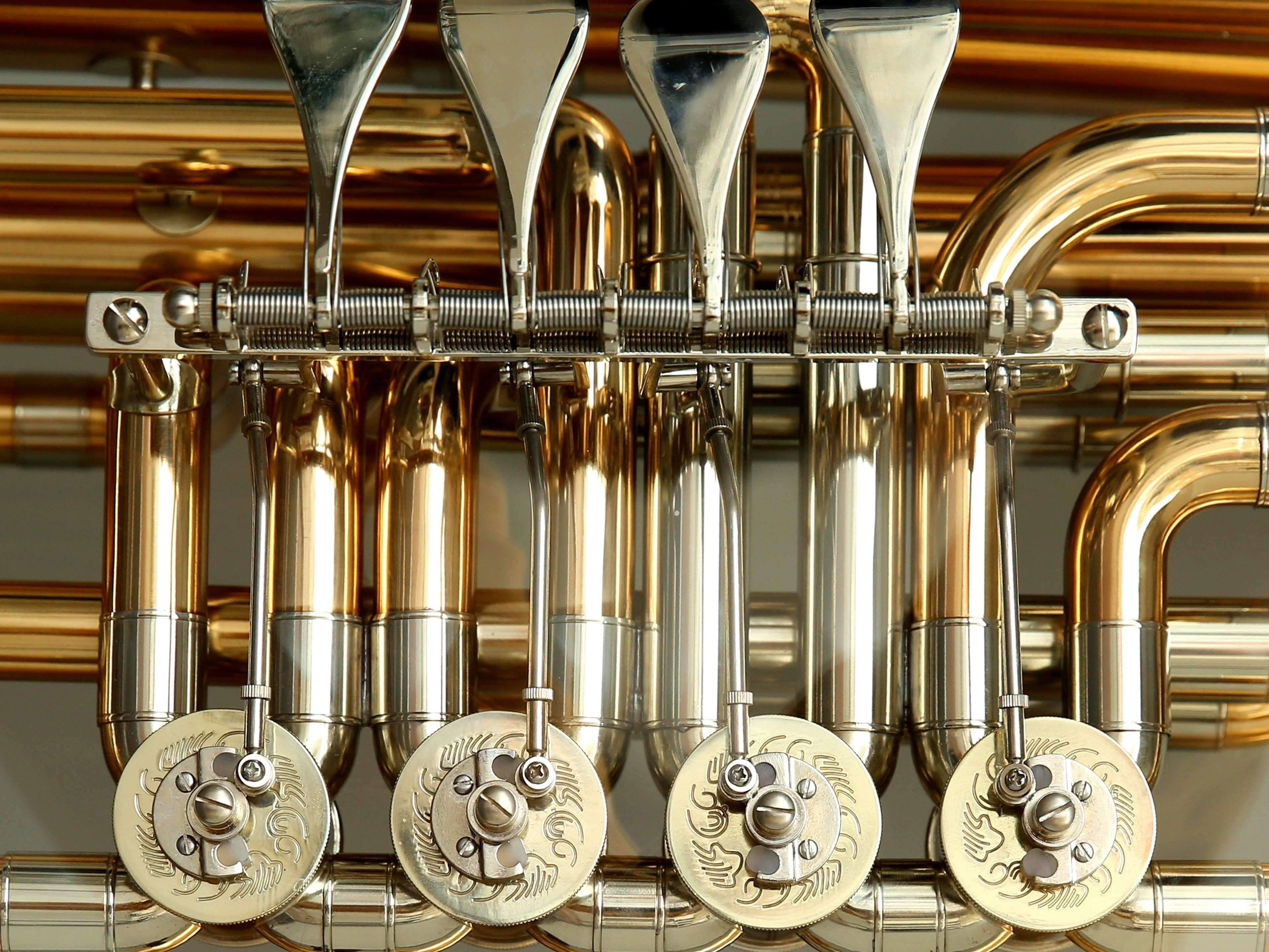 shiny, metal, machinery, music, brass, play, valves, steel, factory, silver colored, instrument, gold colored, tuba, no people, focus on foreground, close-up, HD Wallpaper