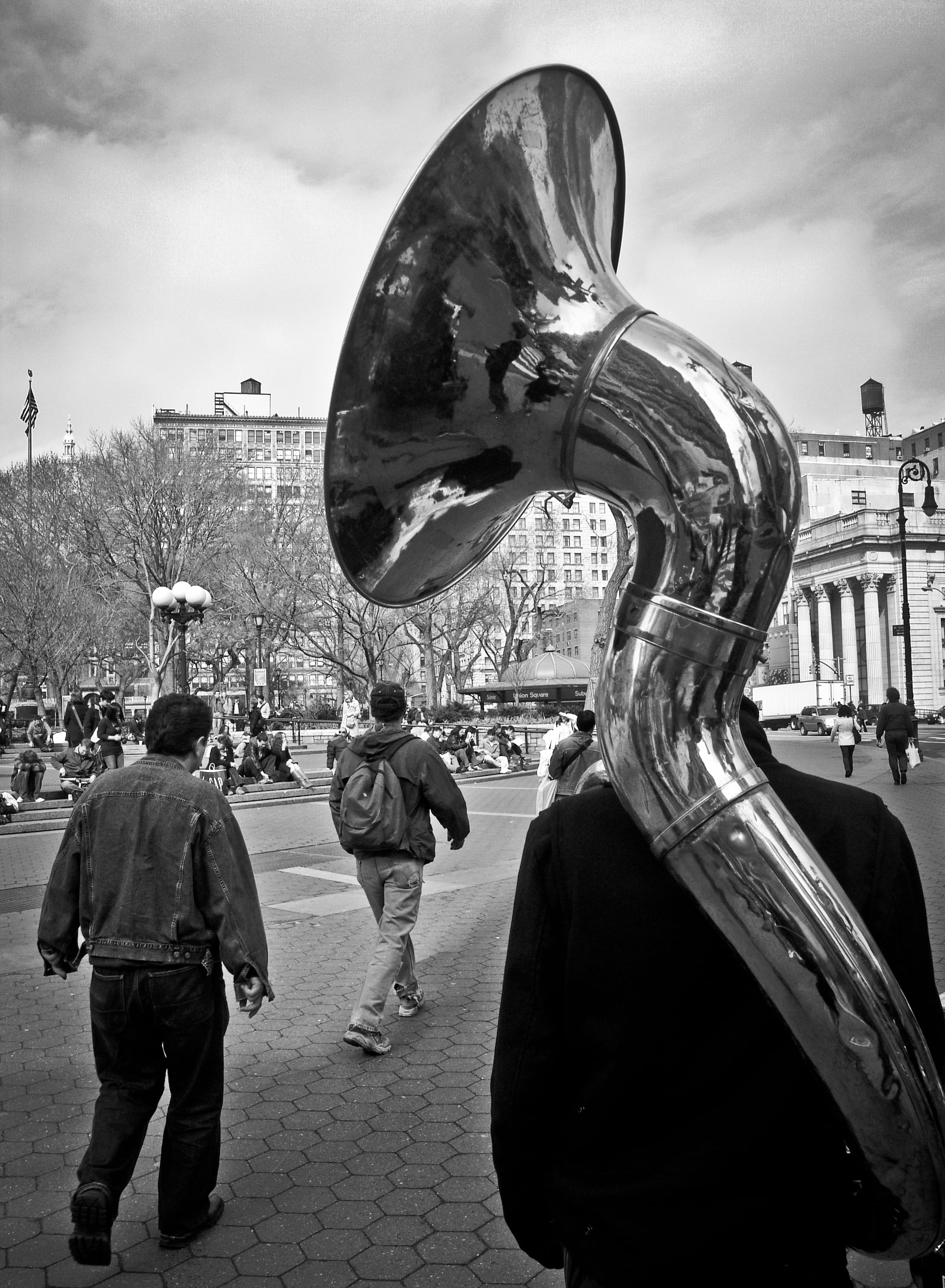 men, standing, tube, city, horn, cloud - sky, leisure activity, musician, sky, 2K, band, nature, sound, cobblestone, day, building exterior, rear view, Phone HD Wallpaper