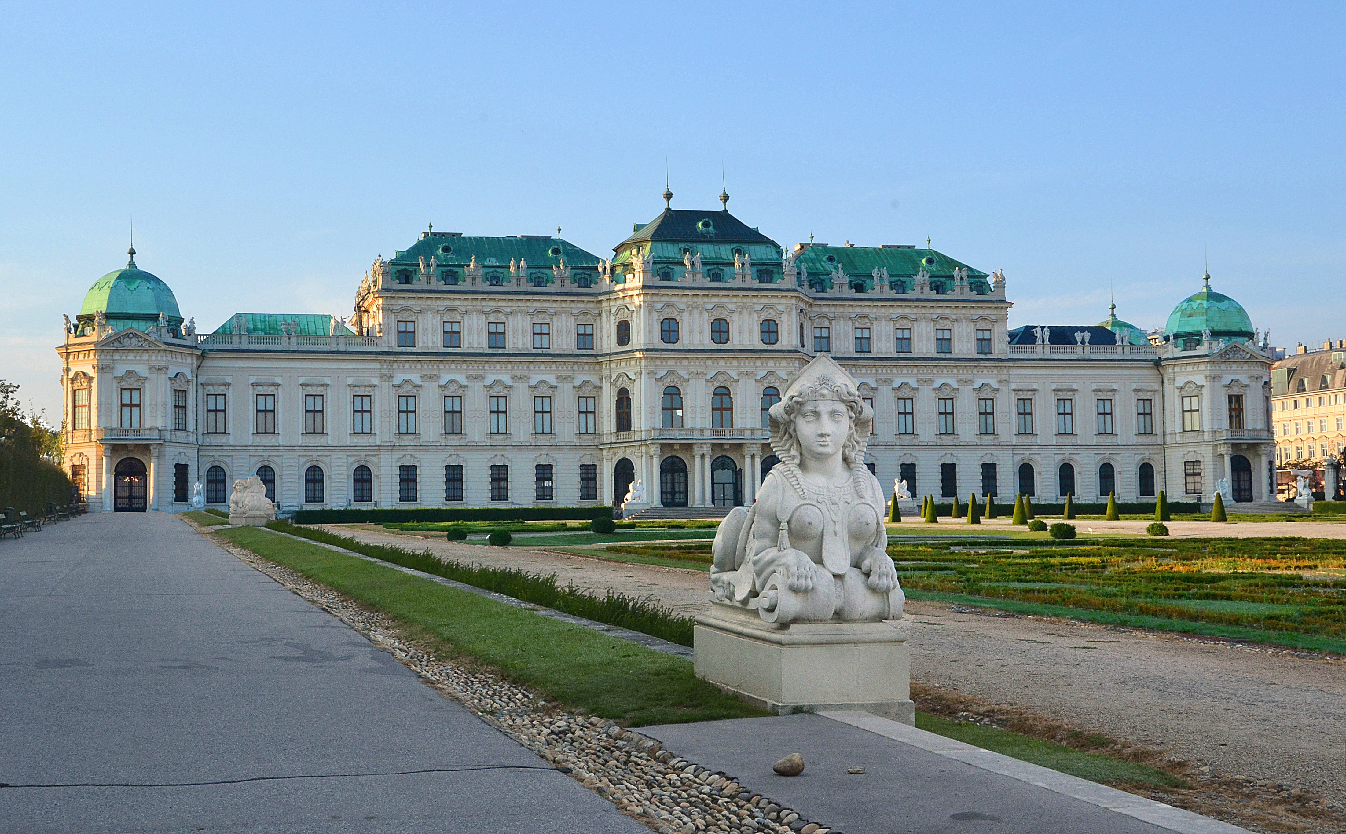 4K, upper belvedere, history, human representation, the past, back, city, castle, dome, figure, morning light, travel destinations, nature, clear sky, HD Wallpaper