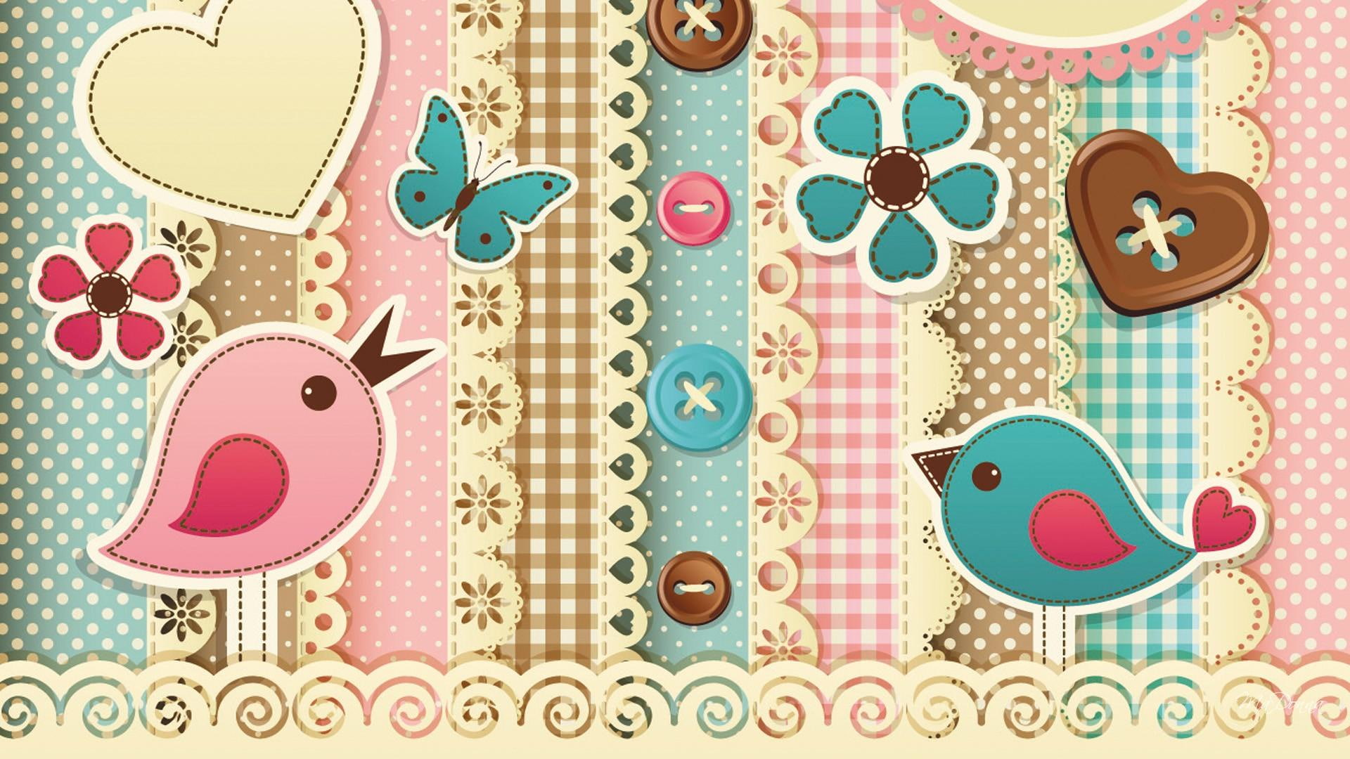 1080P, butterfly, plaid, gingham, brown, papillon, buttons, pastel, aqua, flowers, seamstr, butterflies, fabric, birds, HD Wallpaper