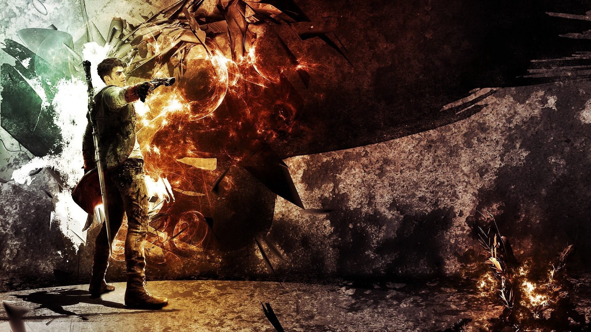 Dante, the past, digital composite, building, history, no people, nature, pointing, fire, representation, fire - natural phenomenon, indoors, DmC: Devil May Cry, HD Wallpaper