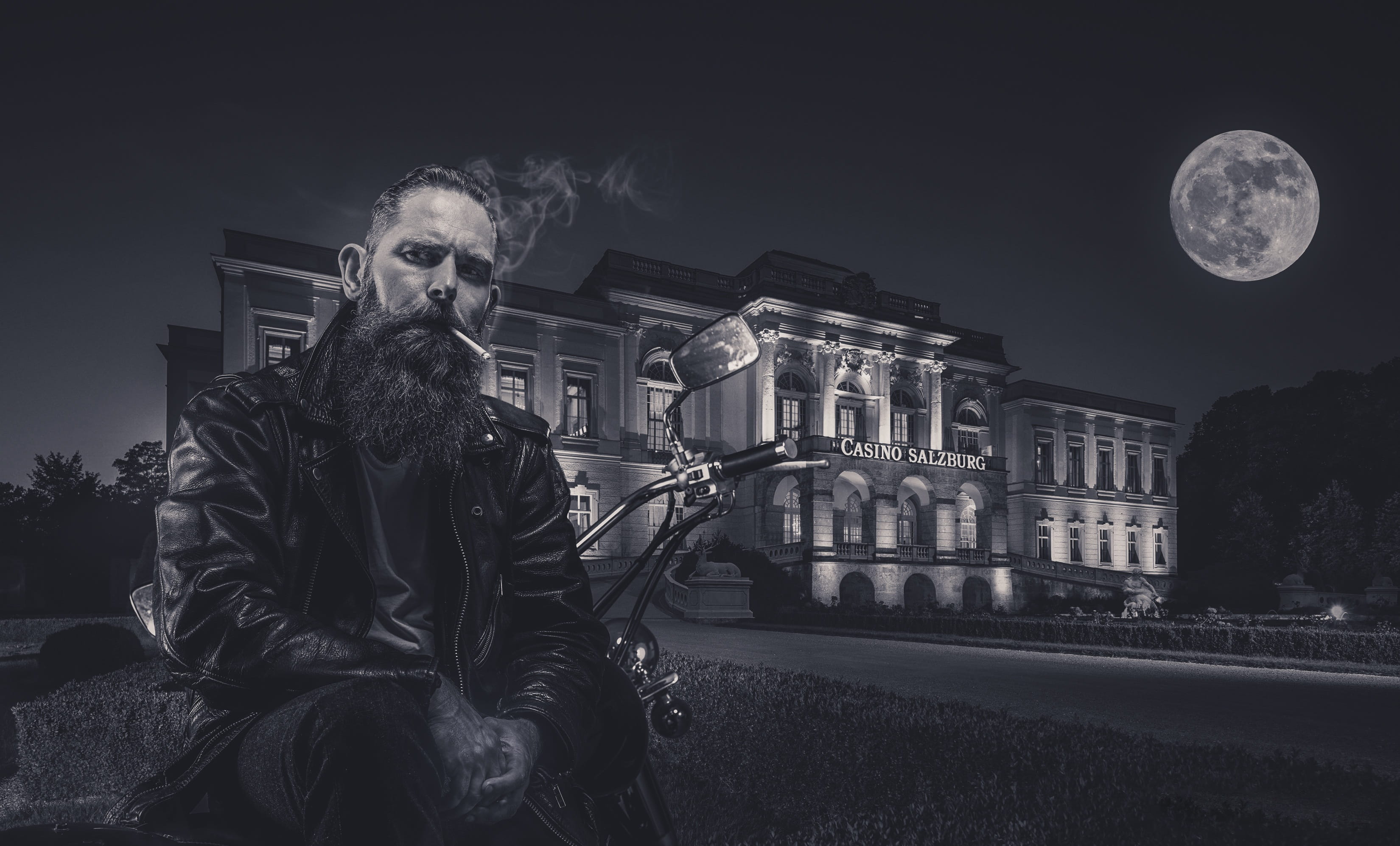 one person, architecture, casino, front view, sky, 2K, mouth open, mid adult men, evening, males, full moon, biker, built structure, building, moon, aggression, HD Wallpaper