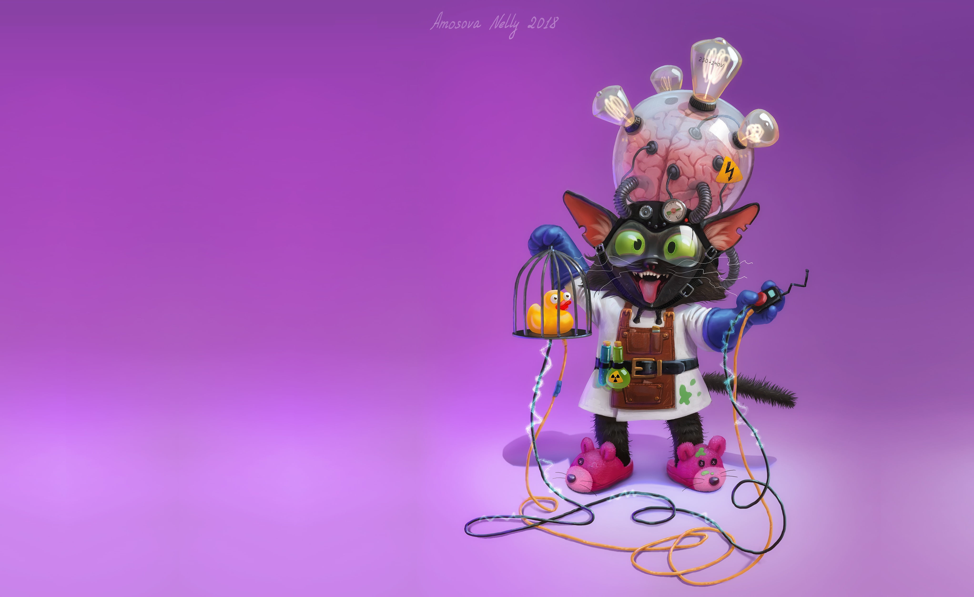 4K, fantasica, Mad cat scientist, minimalism, inventor, Nelly Amosova, Professor, cat, art, childrens, HD Wallpaper