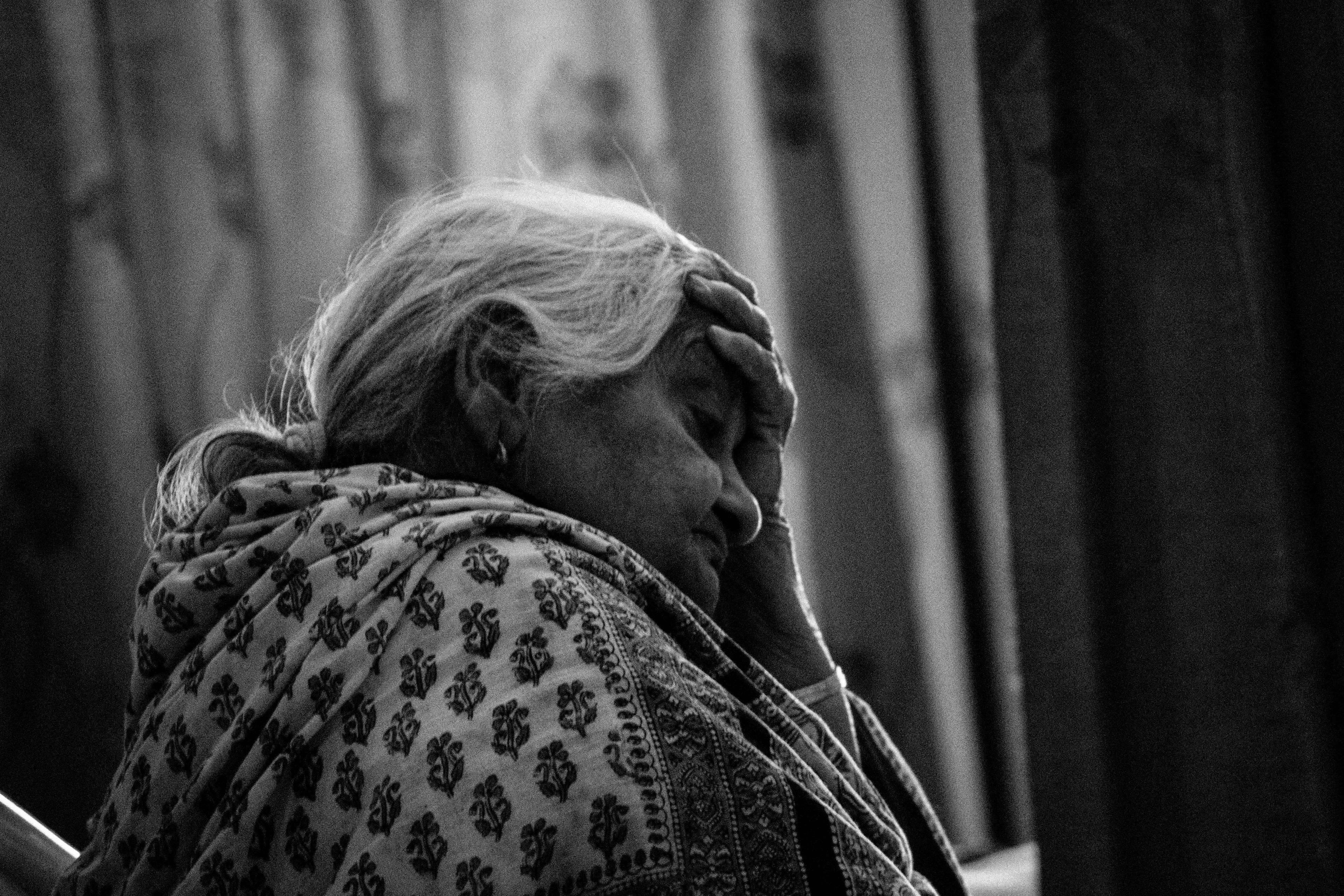 elderly, indoors, grandma, focus on foreground, looking away, black and white, lifestyles, women, casual clothing, poverty, low angle view, scarf, frustration, HD Wallpaper